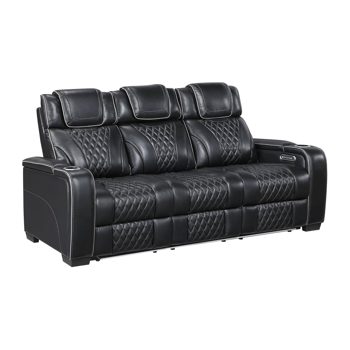 Lexicon Power Double Reclining Sofa, Center Drop-Down Table with Heat/Massage/Headrest/Storage Arms/Cup Holders/LED Lights/Wireless Charging, Top Grain Leather Match Wall Hugger Recliner Sofa, Black