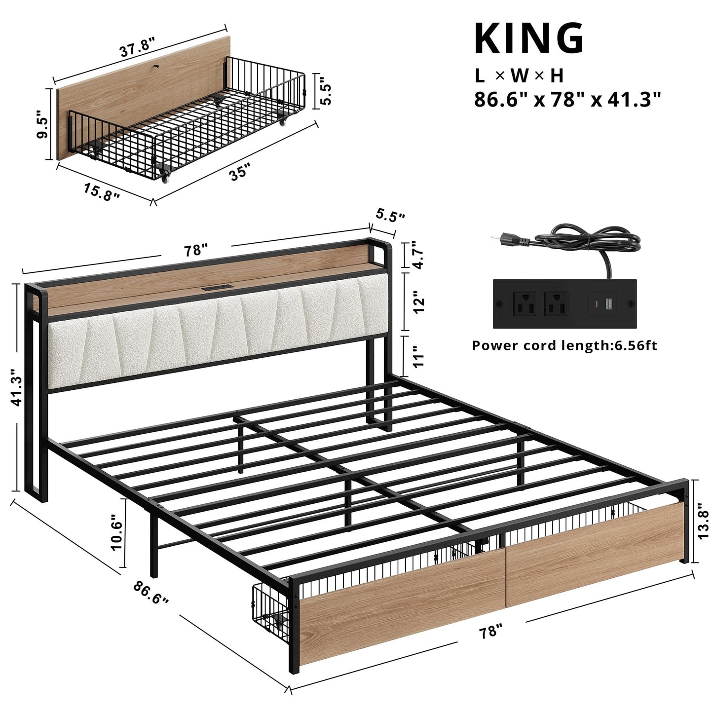 LIKIMIO King Size Bed Frame with 2 Drawers and Charging Station