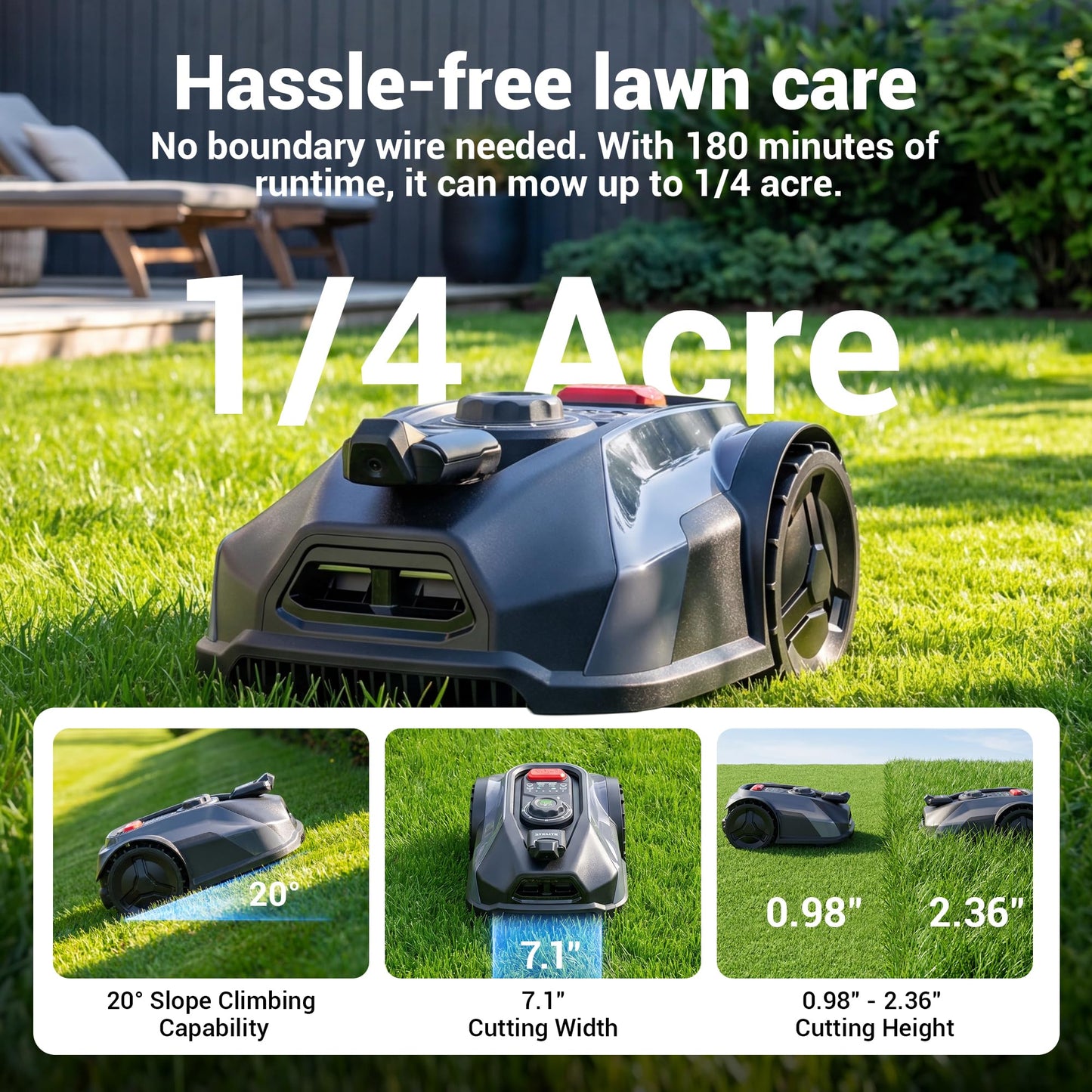 STEELITE Robotic Lawn Mower S7 with App Control, No Boundary Wire, Auto-Charging, Robot Lawn Mower with Obstacle Avoidance and Brushless Motor for Lawns Up to 1/4 Acre, 7.1" Cutting Width