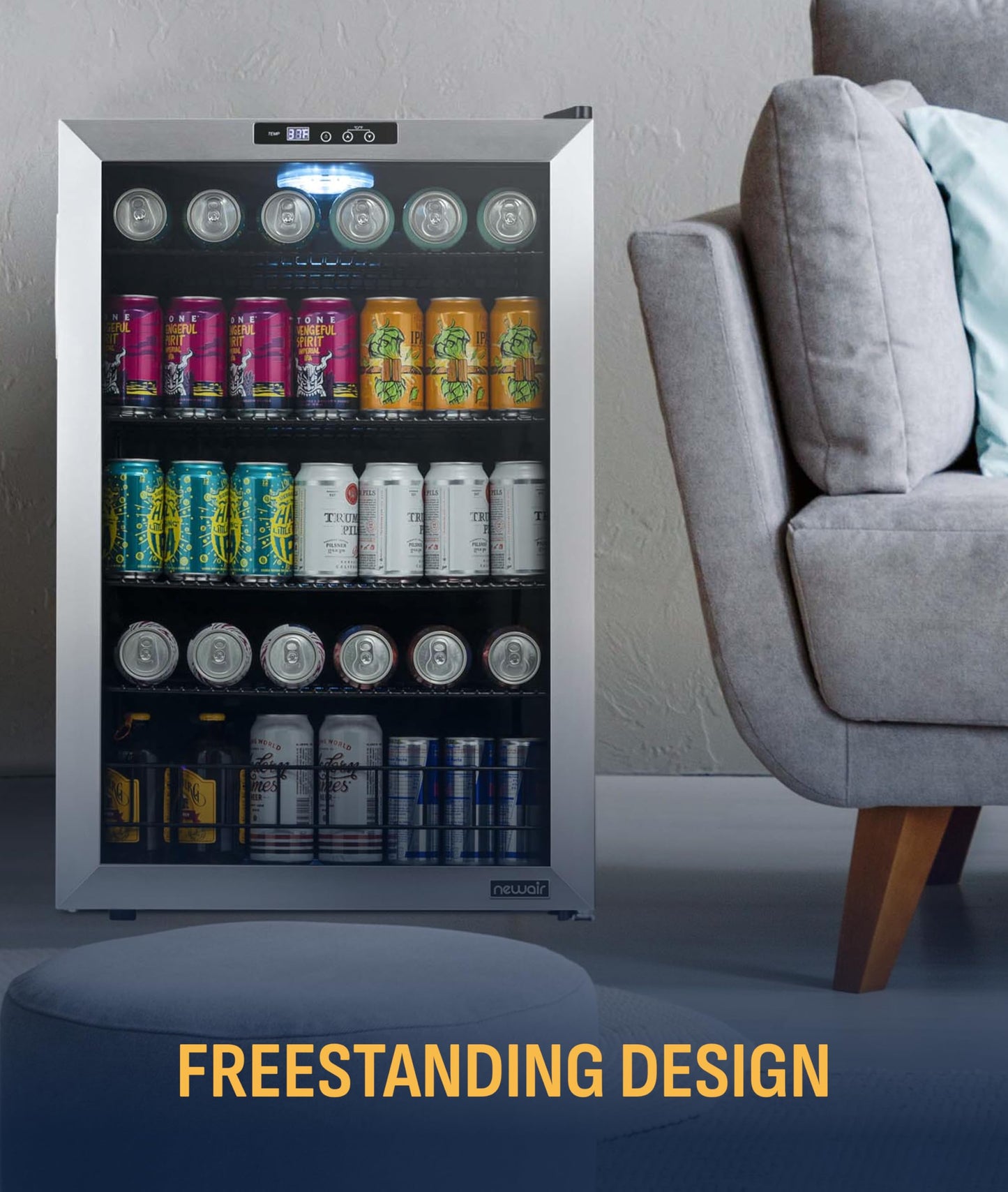NewAir 160 Can Beverage Refrigerator | Freestanding Small Mini Fridge for Bedroom, Home Bar or Living Room | SplitShelf Storage, Digital Thermostat & LED Light | Stainless Steel