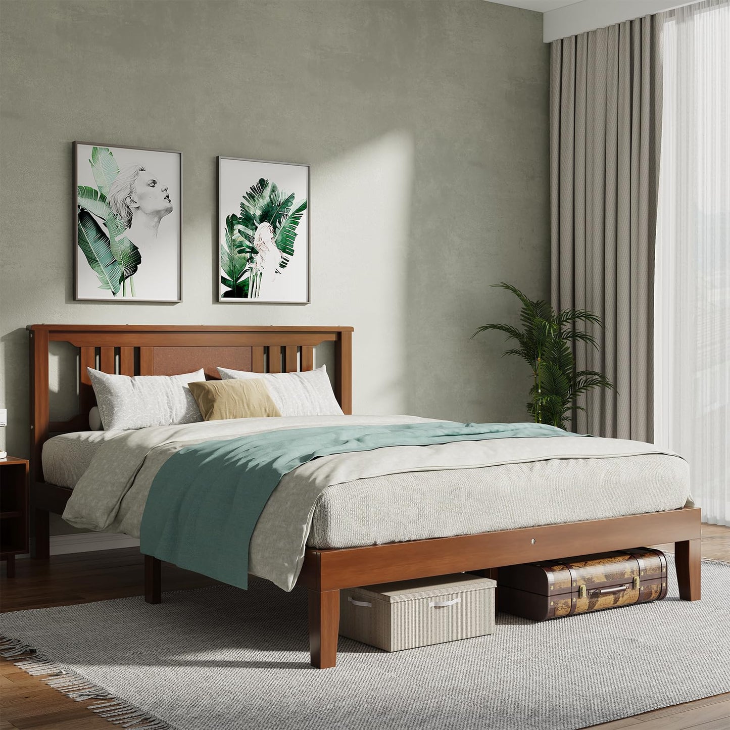 OLIXIS Queen Bed Frame with Headboard, Suitable for Bedroom Furniture, Sturdy Solid Wood Slat Support, Up to 800 lbs, No Box Spring Needed, Easy Assembly, Platform Beds