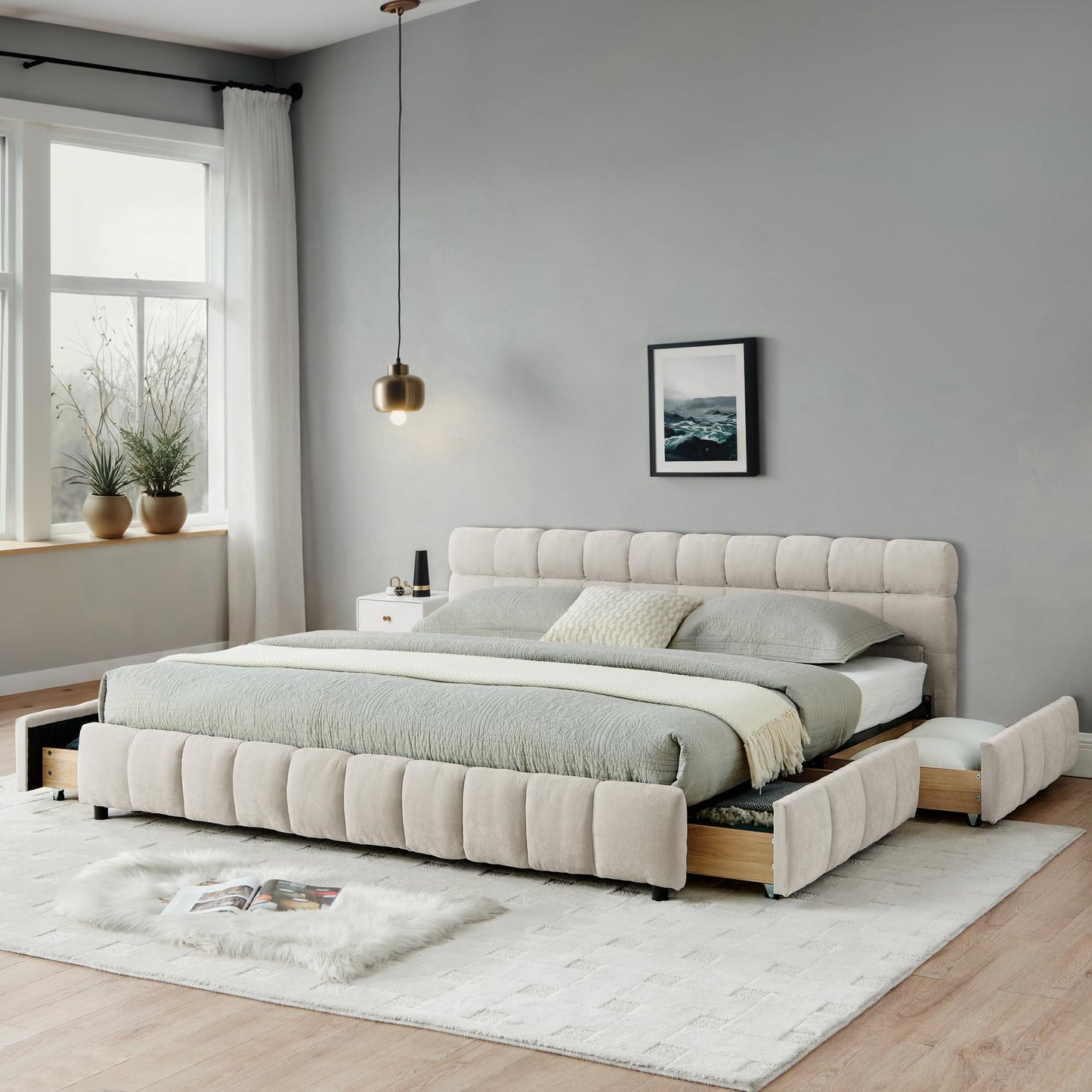 GDFStudio California King Size Upholstered Bed Frame with Thick Chenille Fabric, Modern Grounded Platform Bed with Headboard and Storage Drawers, Beige