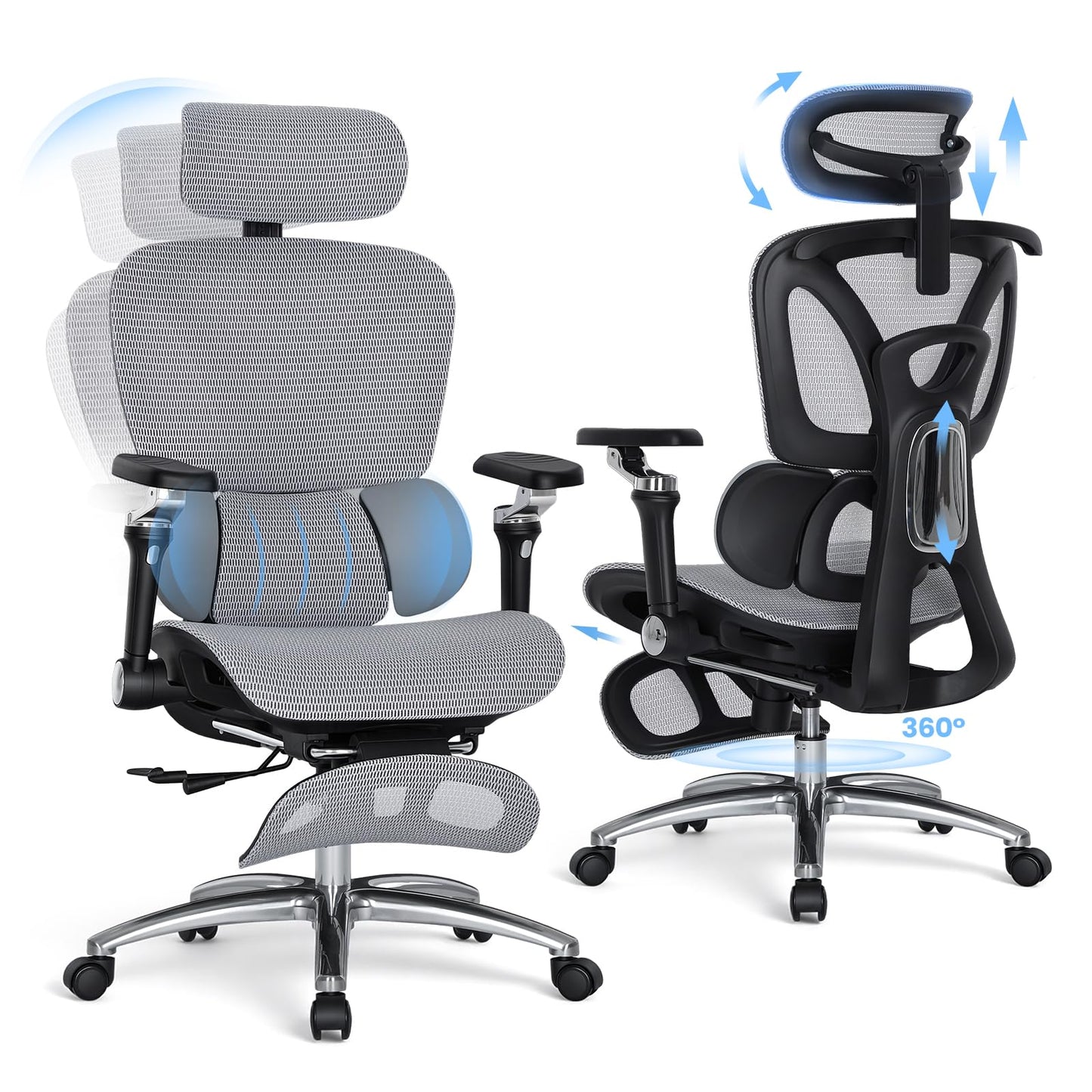 MALOL Ergonomic Office Chair, 400lbs High Back Mesh Desk Chair with 6D Armrests, 3D Headrest, Adjustable Lumbar Support, Seat Depth Adjustment, Tilt Lock, Metal Base & PU Wheels, Grey