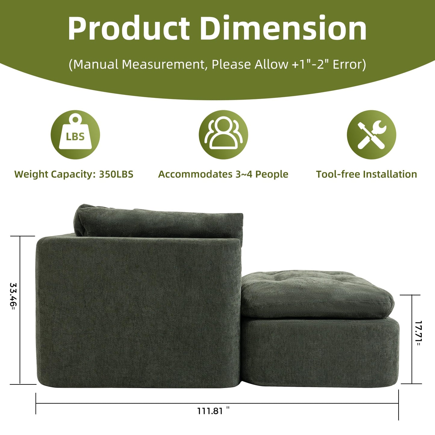 Tufted Cushions Cloud Sectional Boneless Sectional Sofa with Movable Ottoman, 112" Oversized Modular Convertible L Shaped Corner Couch with Deep Seat,Memory Foam Compressed Sofa