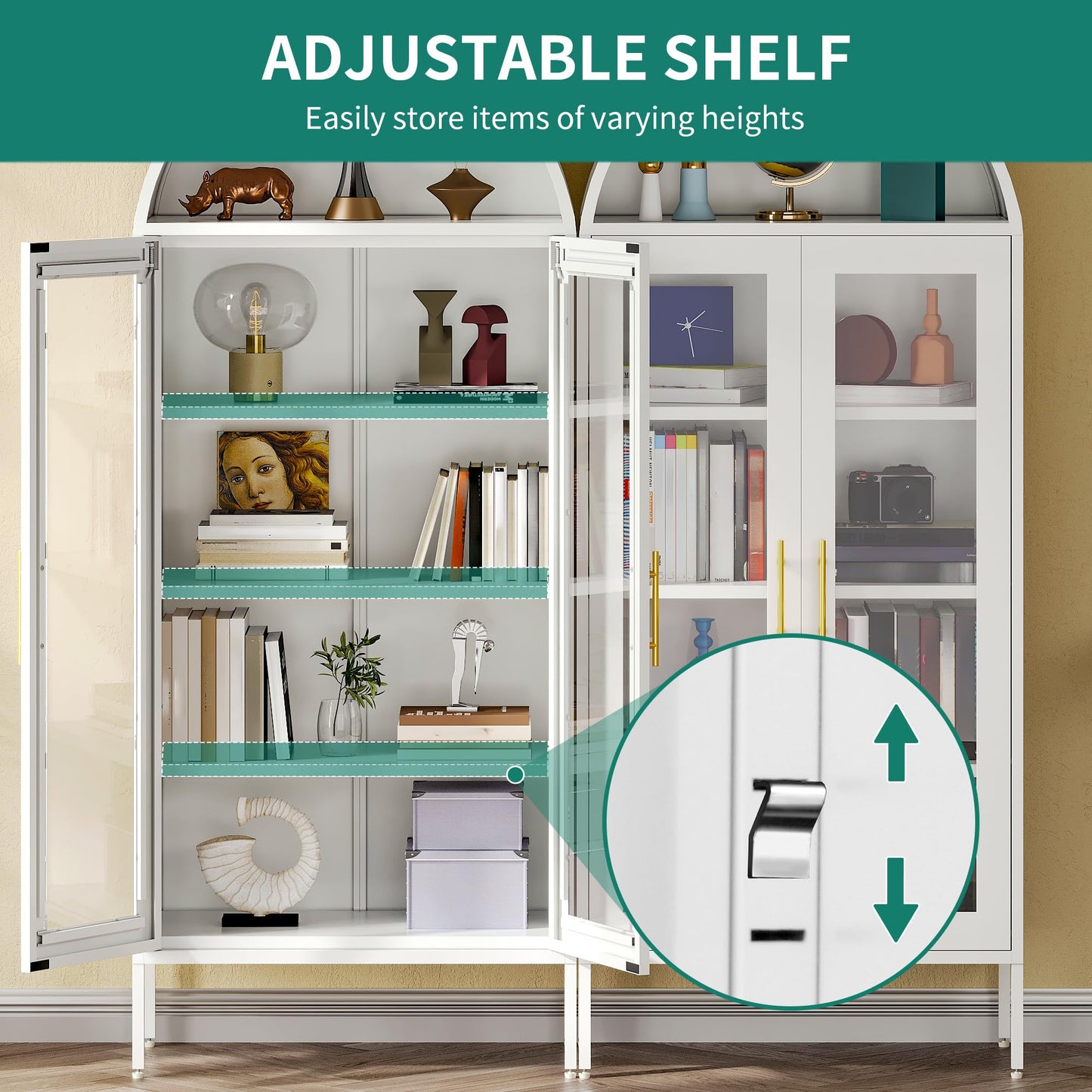 YITAHOME 71" Arched Glass Display Cabinet, Tall Metal Storage Cabinet with Adjustable Shelves and Glass Doors, White