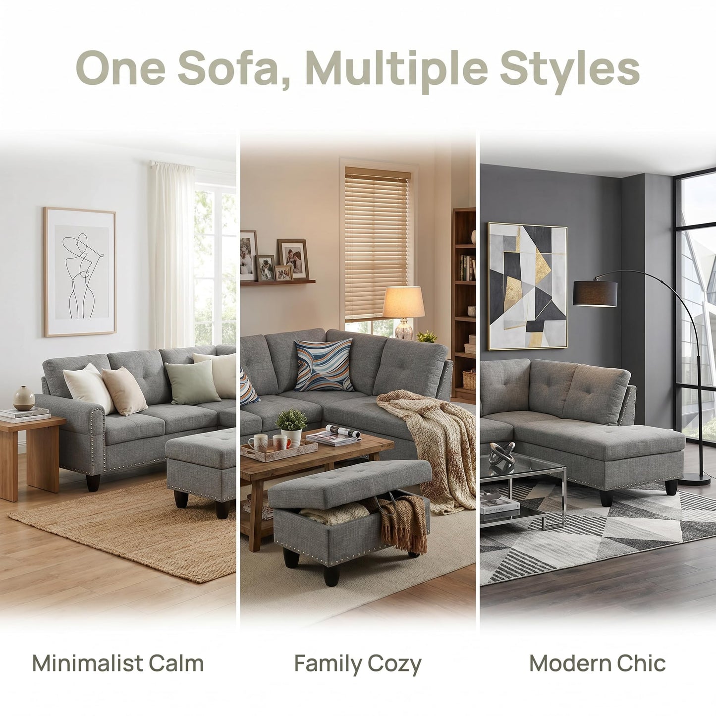 Trygoal 97.5" Linen L Shaped Couch with Right Chaise & Cup Holder, Sectional Sofas Modular Furniture Set with Storage Ottoman, Convertible Couches for Living Room, Small Space & Office (Grey)