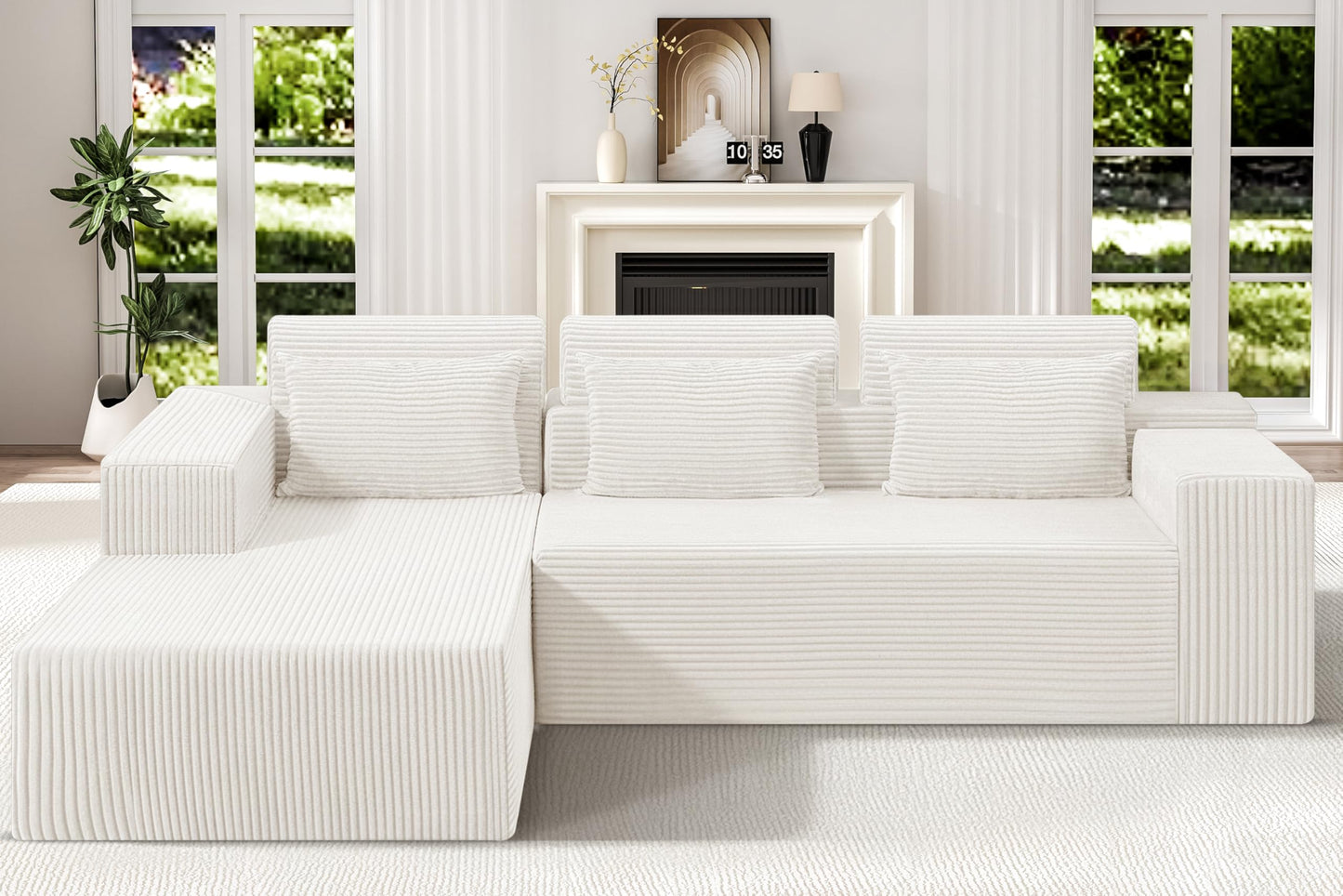 Homguava Modular Sectional Couches for Living Room,105" Cloud Couch with L-Shape Chaise,Comfy Sofa Living Room Sofas with Deep Seat,No Assembly L Couch,Corduroy Fabric(Beige,L)