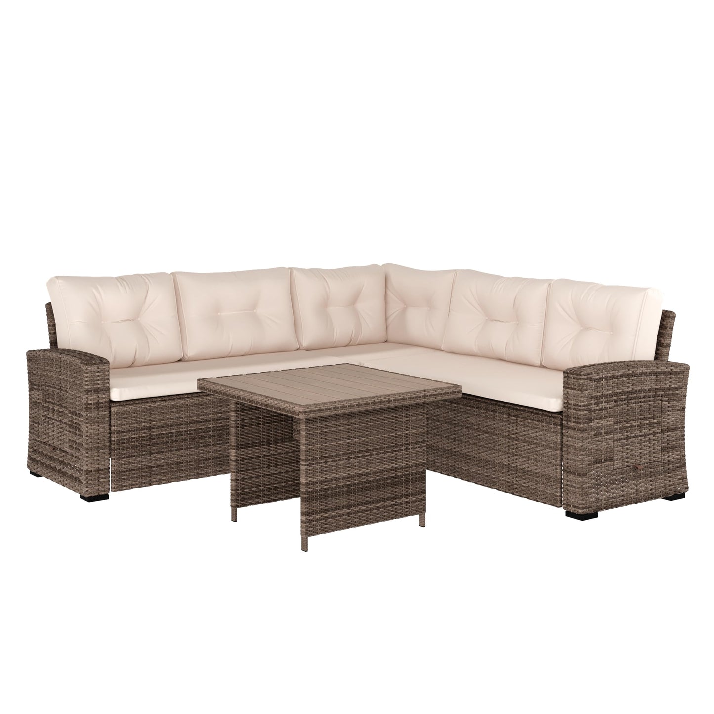 Flash Furniture Huck Wicker Rattan Conversation Set, Versatile Indoor/Outdoor Use, L-Shaped Sofa and Dining Table, Weather-Resistant Cushions, Beige/Brown
