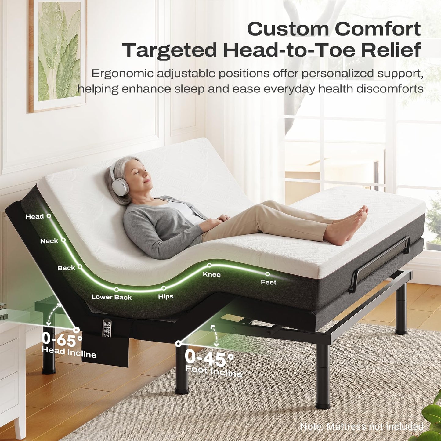 DOMIA Full Adjustable Bed Frame with Massage, Electric Bed Base with Head & Foot Incline, USB Ports & LED Night Light, Side Pocket, Wireless Remote, 3 Height Options, Zero Gravity, Easy Assembly