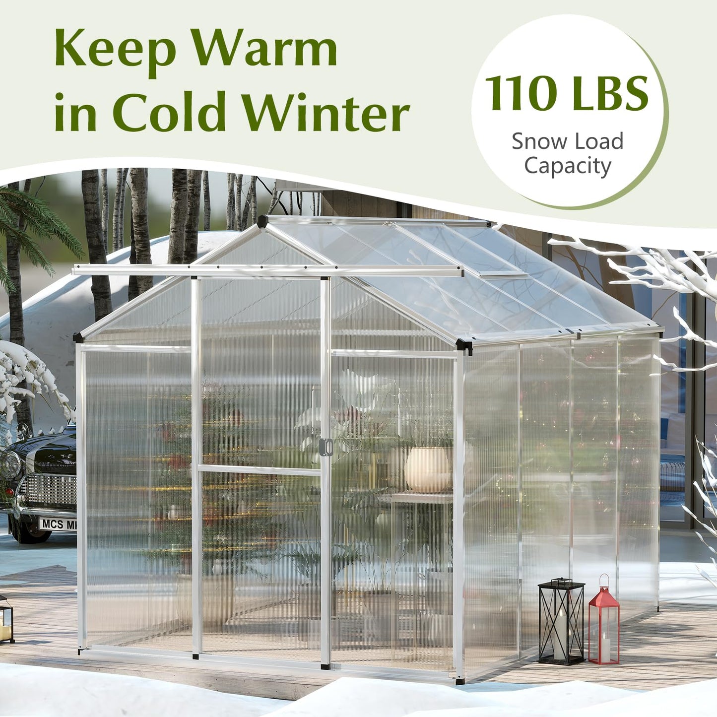 Happygrill Greenhouse, 6 x 8 x 6.5FT Outdoor Polycarbonate Greenhouse w/ Sliding Door, Adjustable Roof Vent, Rain Gutter, Heavy-Duty Aluminum Greenhouses for Outdoors, Garden, Backyard, Patio, Lawn