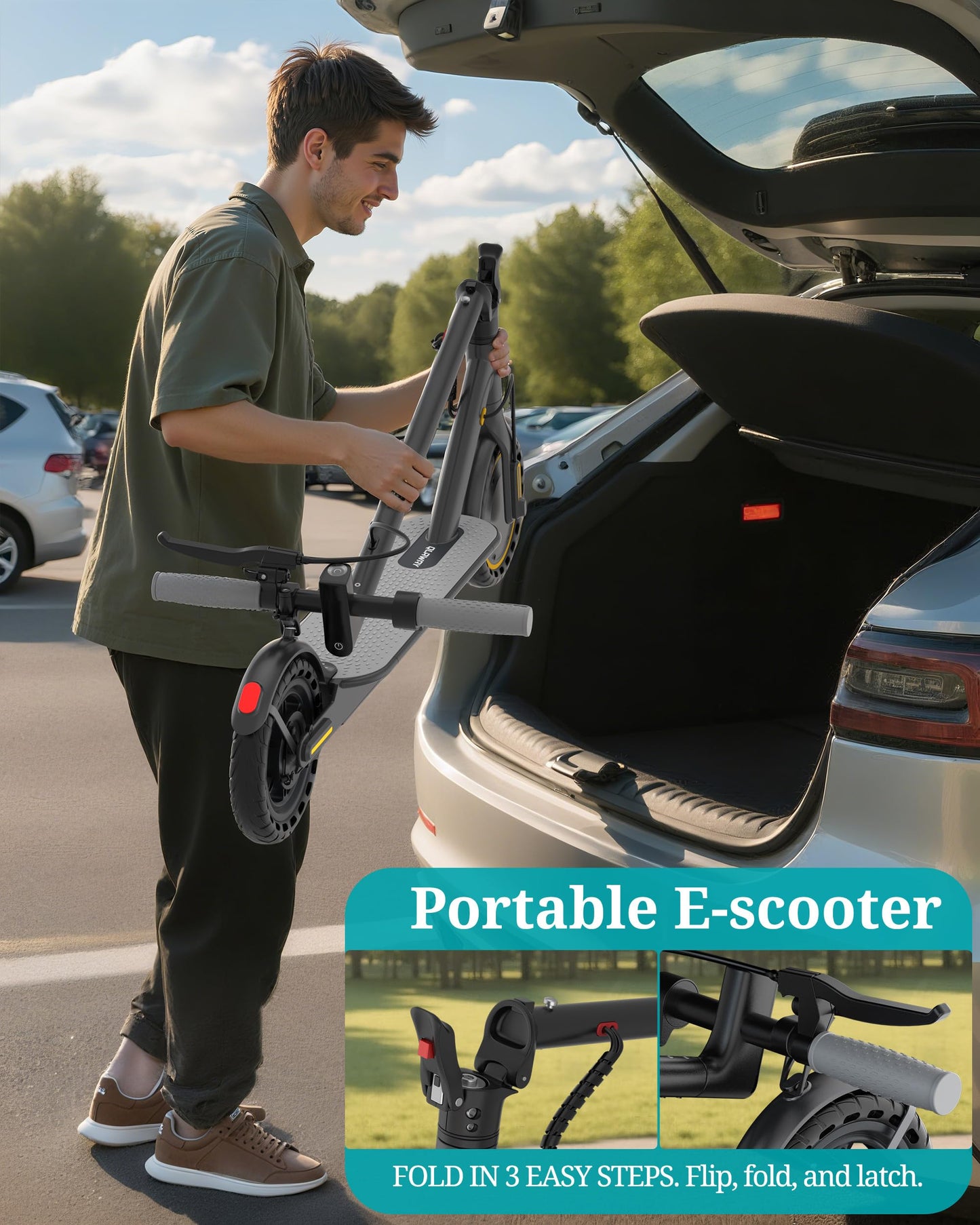 Qlaway Adult Electric Scooter with 350W Motor, 8.5" Solid Tires, Max Speed 19 MPH and 22 Miles Long-Range Portable Portable E-Scooter(Double Braking System & App)