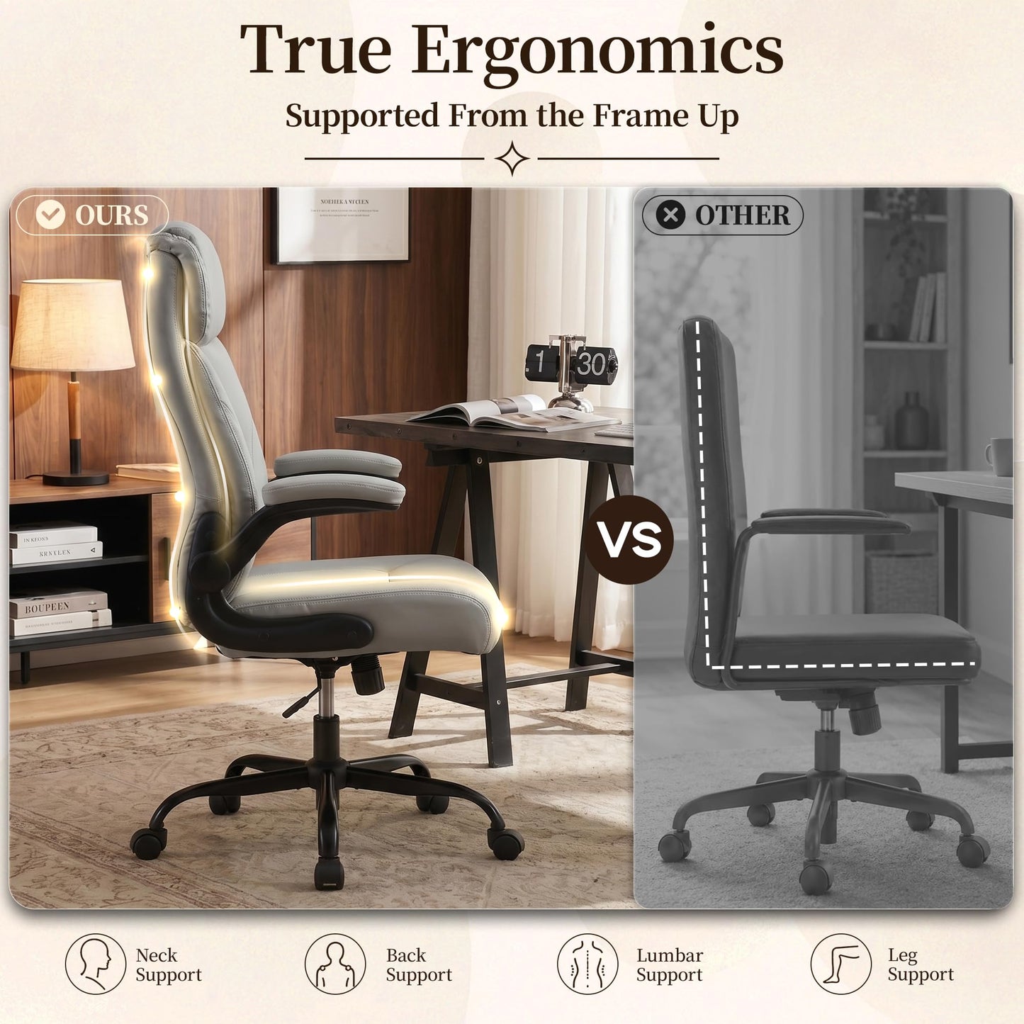 OwgeinSet Office Chair, Leather Ergonomic Computer Desk Chair with Rocking Function, High Back Executive Home Office Chair with Adjustable Flip-up Armrests, Lumbar Support, 360° Swivel, Elegant Grey