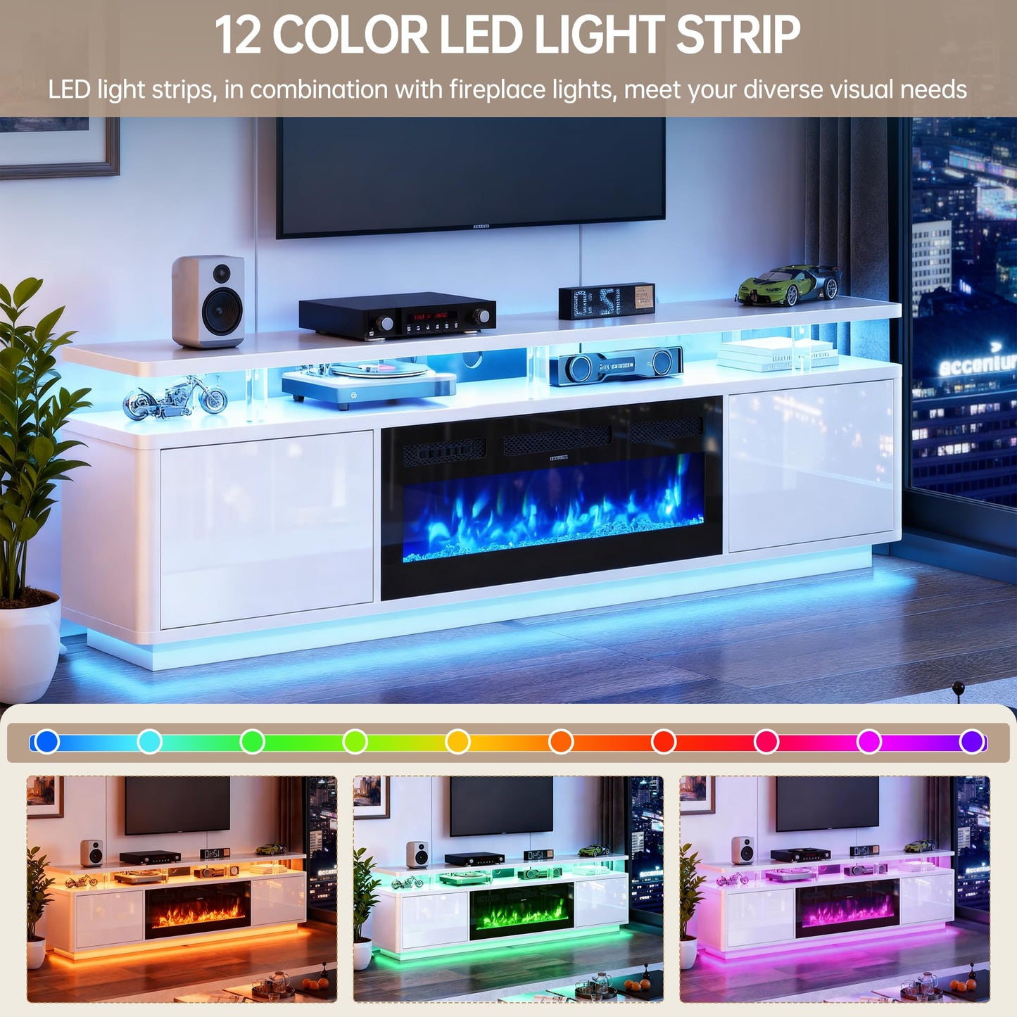 MXV 70" Fireplace TV Stand for TVs up to 80", Entertainment Center with 36" Fireplace & Double LED Lights, TV Console with Storage Cabinets for Living Room, Home Office, White