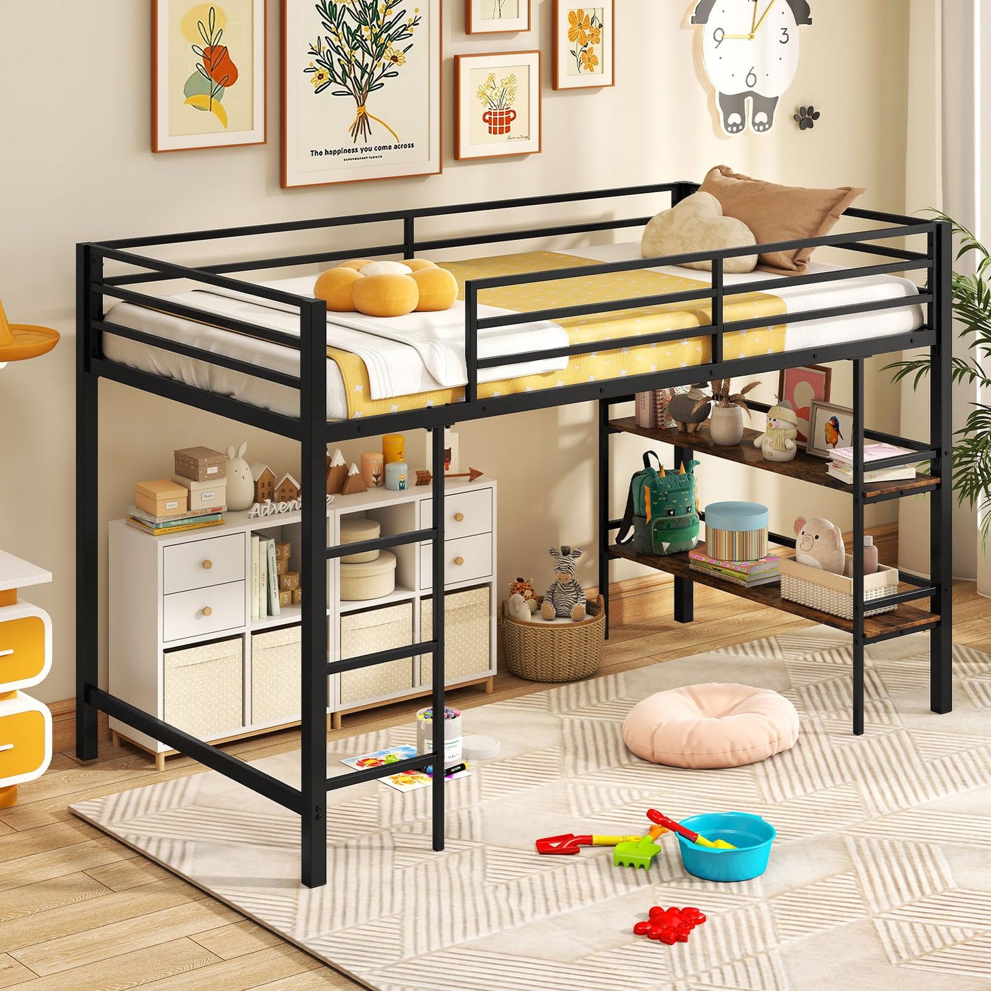 Giantex Low Loft Bed Twin Size, Heavy Duty Metal Frame w/Storage Shelves, Ladder & Full-Length Guardrails, Ample Under-Bed Space, Kids Loft Bed with Stairs for Boys Girls Junior, No Box Spring Needed
