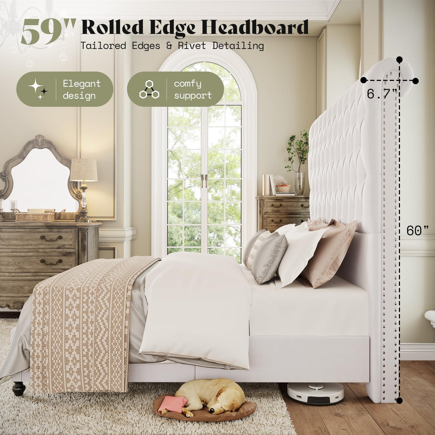 AMERLIFE Queen Size Bed Frame and Headboard with 59" Tall Sleigh Design, Luxury Velvet Upholstered Queen Bed Frame with Handcrafted Deep-Tufted and Solid Wood Legs, No Box Spring Needed,Cream
