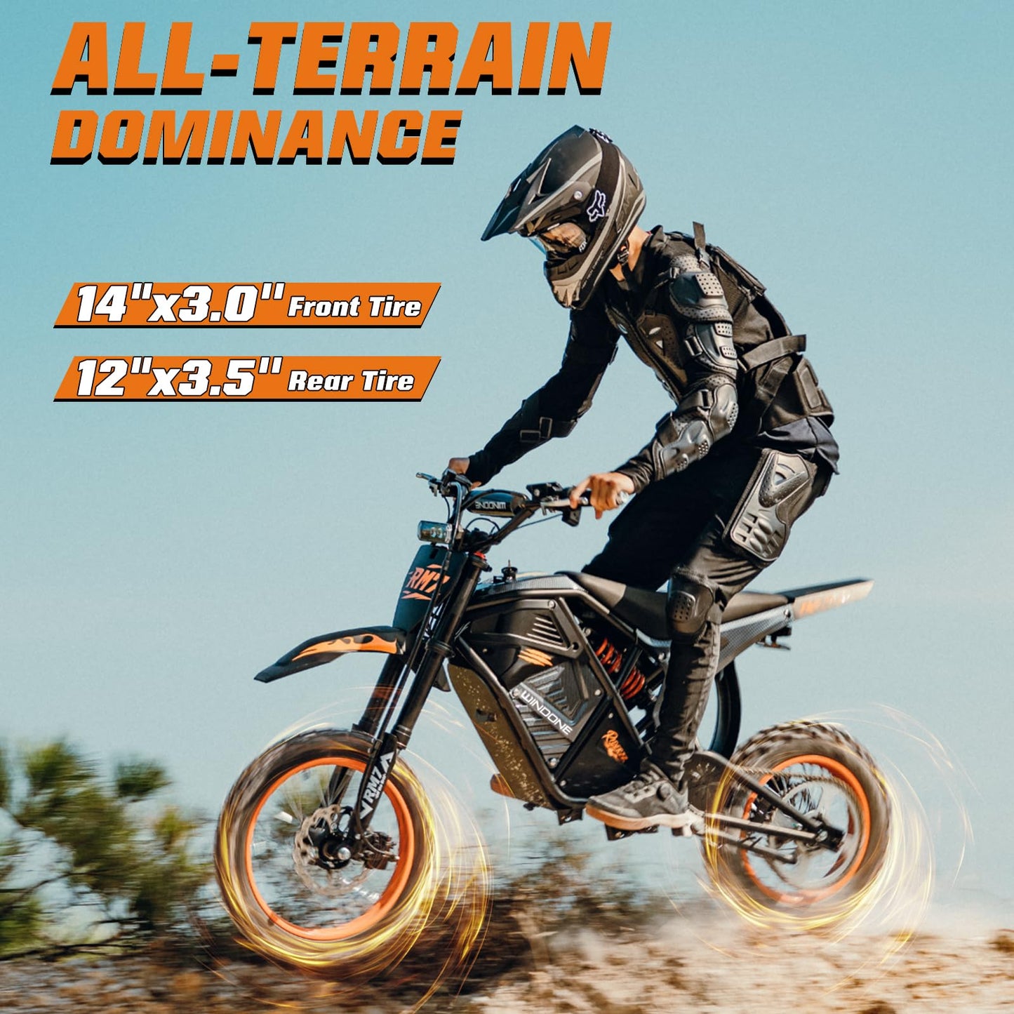 Windone RM7 Electric Dirt Bike for Teens & Adults, 48V 22.5Ah, 37MPH & 45-Mile Electric Motorcycle, 2200W Ebike, 14"/12" Off-Road Tire E-Bike, Dual Hydraulic Brakes, Full Suspension, Orange
