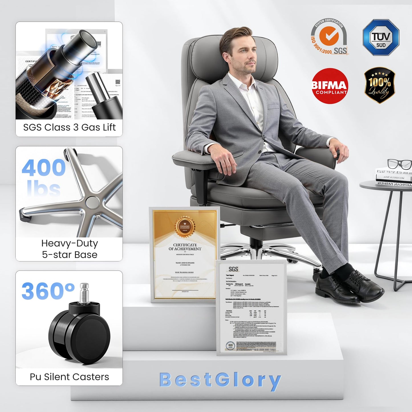BestGlory Office Chair with Inflatable Lumbar Support & Footrest, Gray