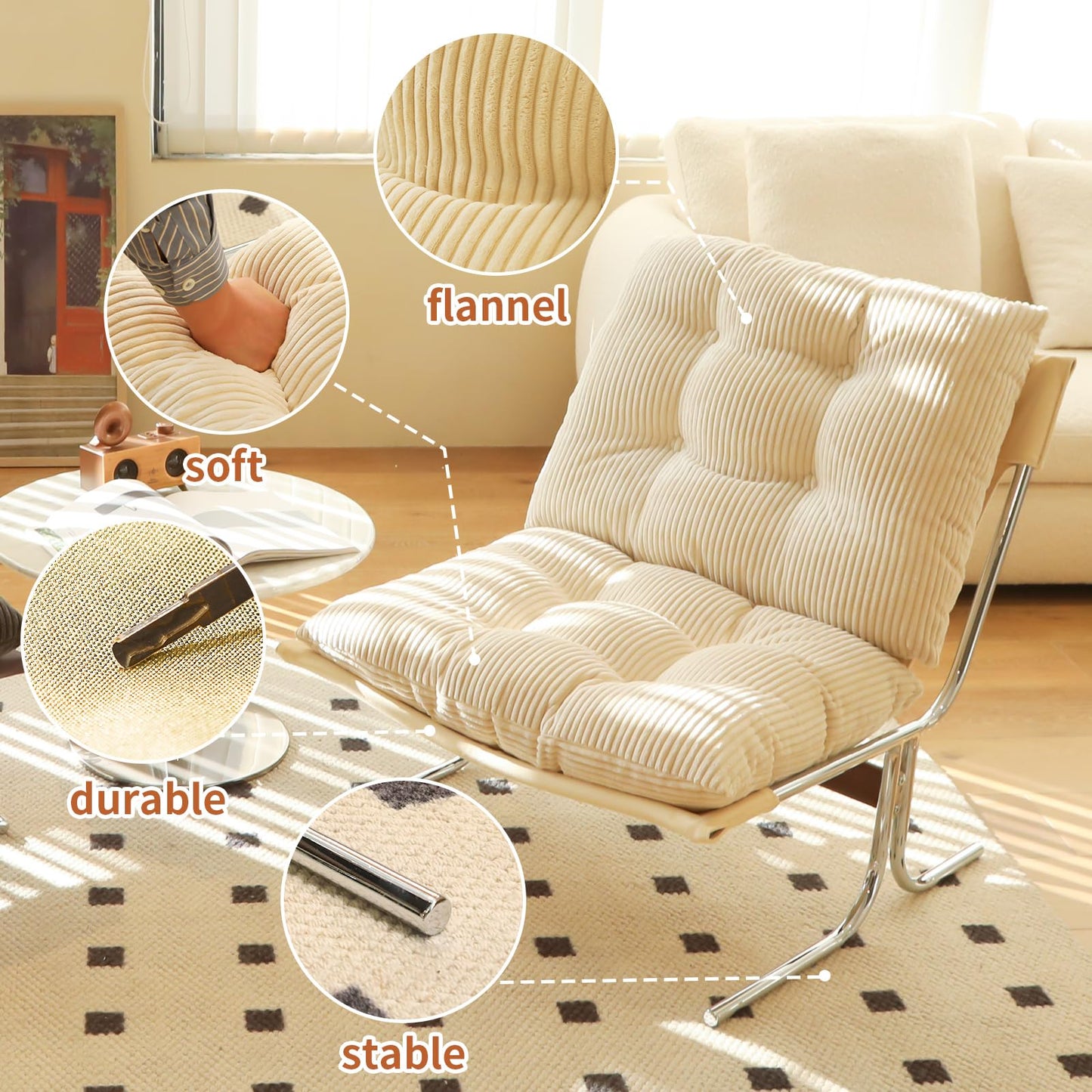 Modern Accent Chair Upholstered Lounge Chair with Chrome Metal Frame Oversized Comfy Armchair for Living Room Bedroom Home Office Reading Nook Wide Seat Sofa Chairs with Cushion Support, Cream