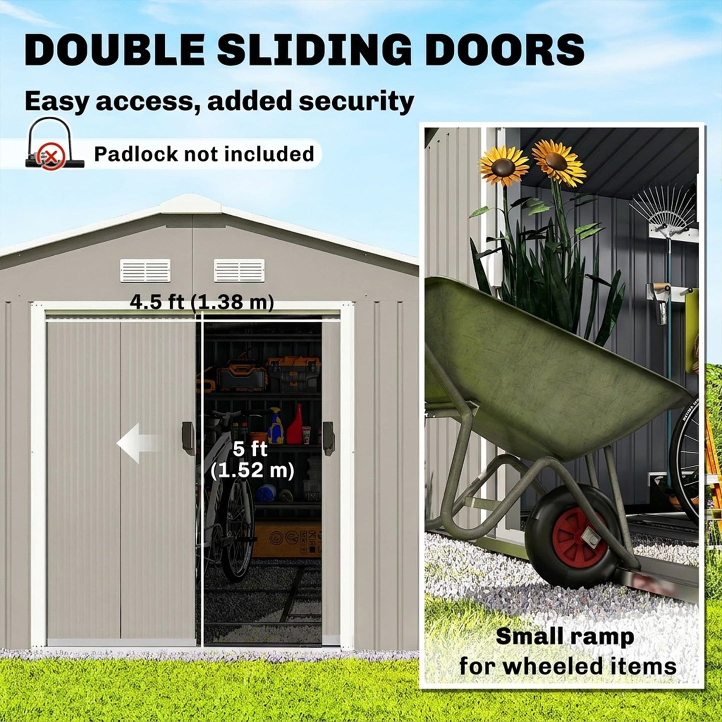 Outsunny 11' x 13' Outdoor Storage Shed, Garden Tool Metal Shed with Foundation Kit, Double Lockable Door, Air Vents and Sloping Roof, for Backyard, Patio, Lawn, Light Gray