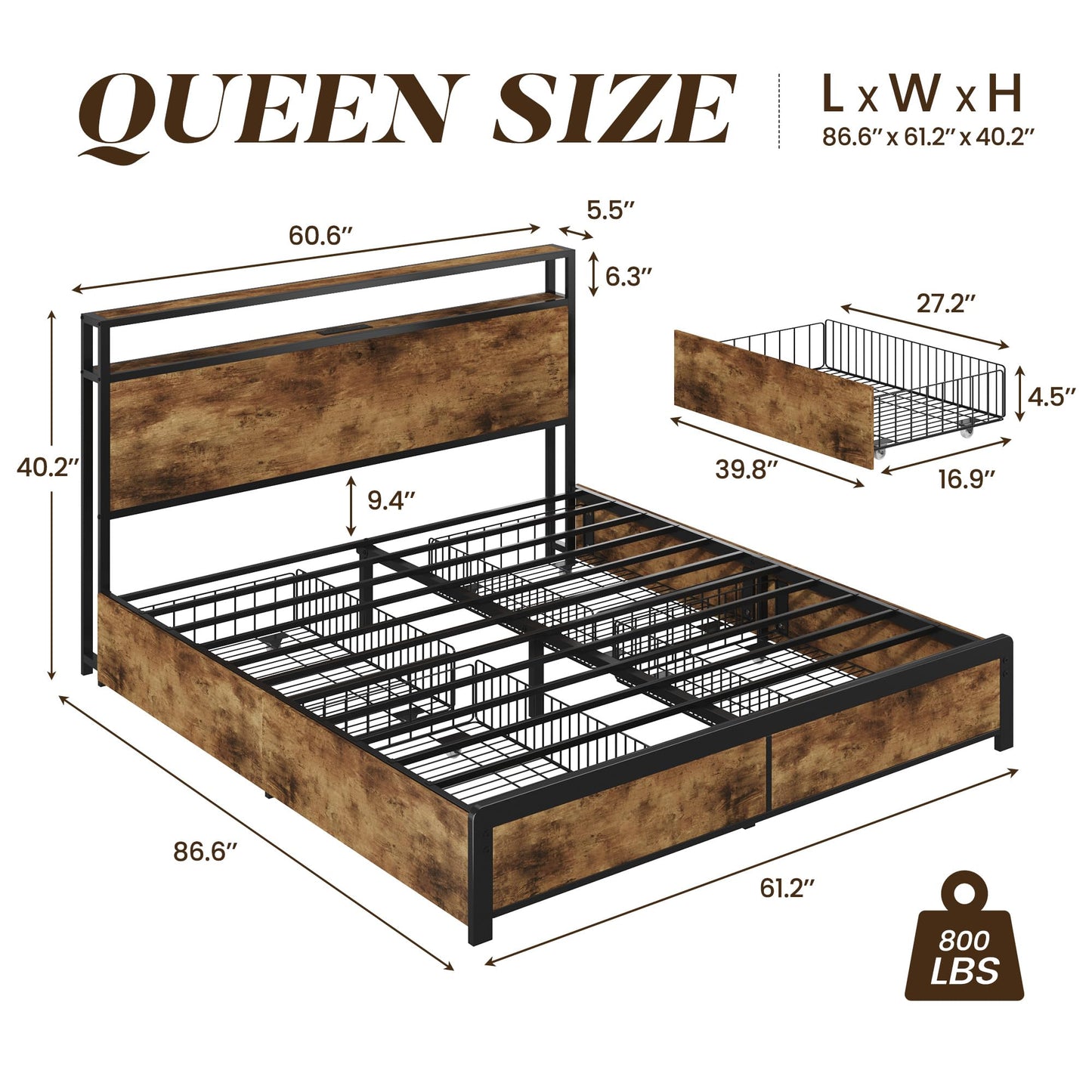 Lifezone Queen Bed Frame with 2-Tier Storage Headboard, Metal Platform Bed Frame with 4 Storage Drawers, Built in Charging Station & LED, Noise-Free/Metal Support/No Box Spring Needed,Rustic Brown