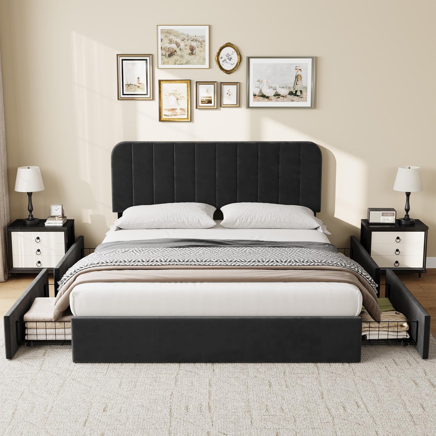 Garvee Queen Size Bed Frame with 4 Drawers, Upholstered Velvet Platform Bed with Height Adjustable Headboard, Wooden Slats Support, No Box Spring Needed, Easy Assembly, Black