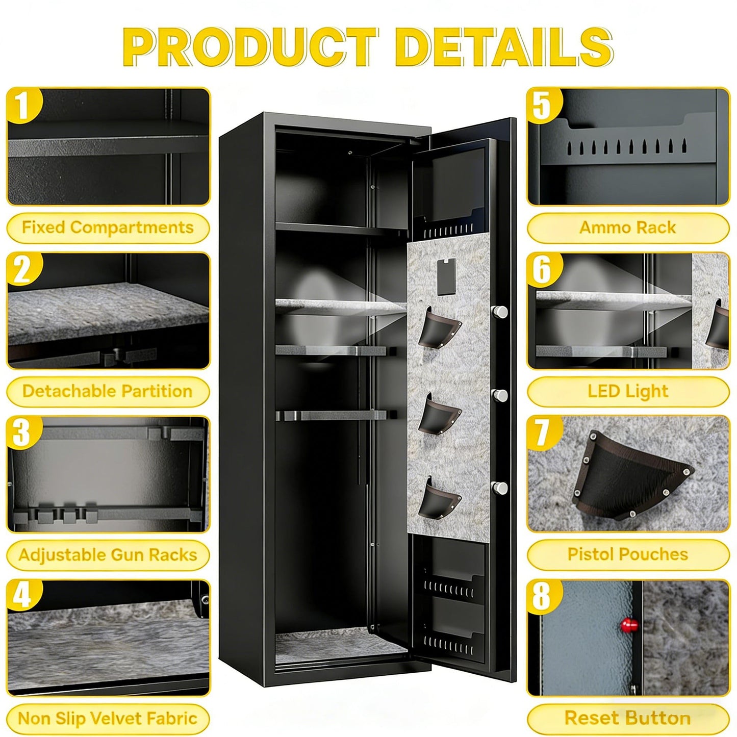Bezuny No Assembly Required Gun Safe for Rifles and Pistols Fingerprint,14" W x 58" H Adjustable Gun Cabinet for Home,14-15 Gun Safes for Rifle and Password Lock,Black