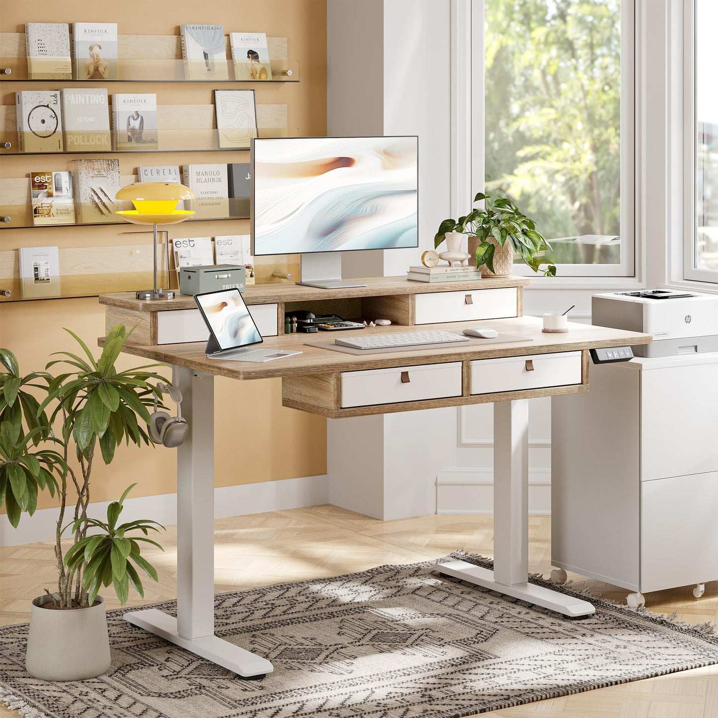 TIQLAB 55 * 28 Inch Standing Desk with Four Drawers, Electric Sit Stand Table, Stand Up Desk Adjustable Height with Storage Shelf, Splice Board, Maple