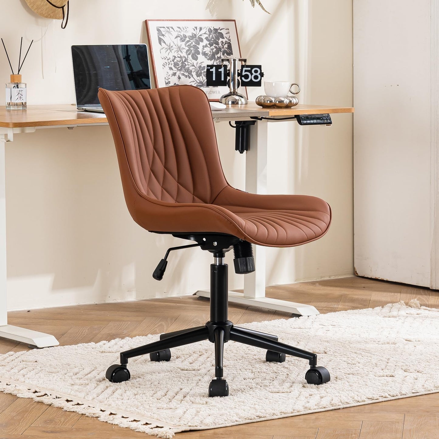 YOUTASTE Coffee Brown Office Chair Modern Armless Desk Chair with Wheels Adjustable Swivel Rocking Rolling Computer Study Chairs Faux Leather Sewing Chairs with Back Stylish Vanity Chair