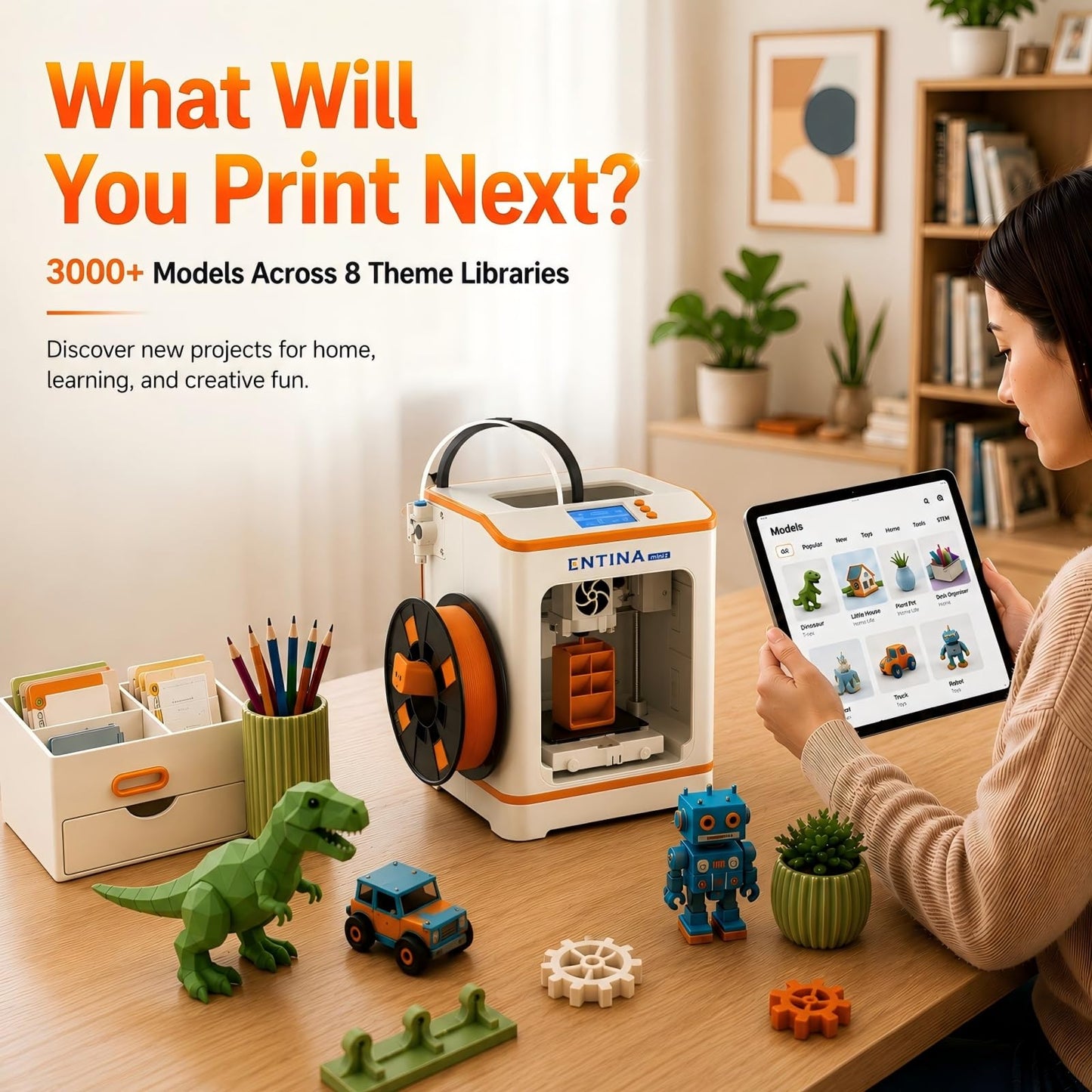 Entina Tina2C Mini 3D Printer for Kids & Beginners – Fully Assembled, Ready in 8 Minutes, App & WiFi Control, 3000+ Models, 20+ DIY Modules, Auto Leveling, High Precision for Home & STEM Learning