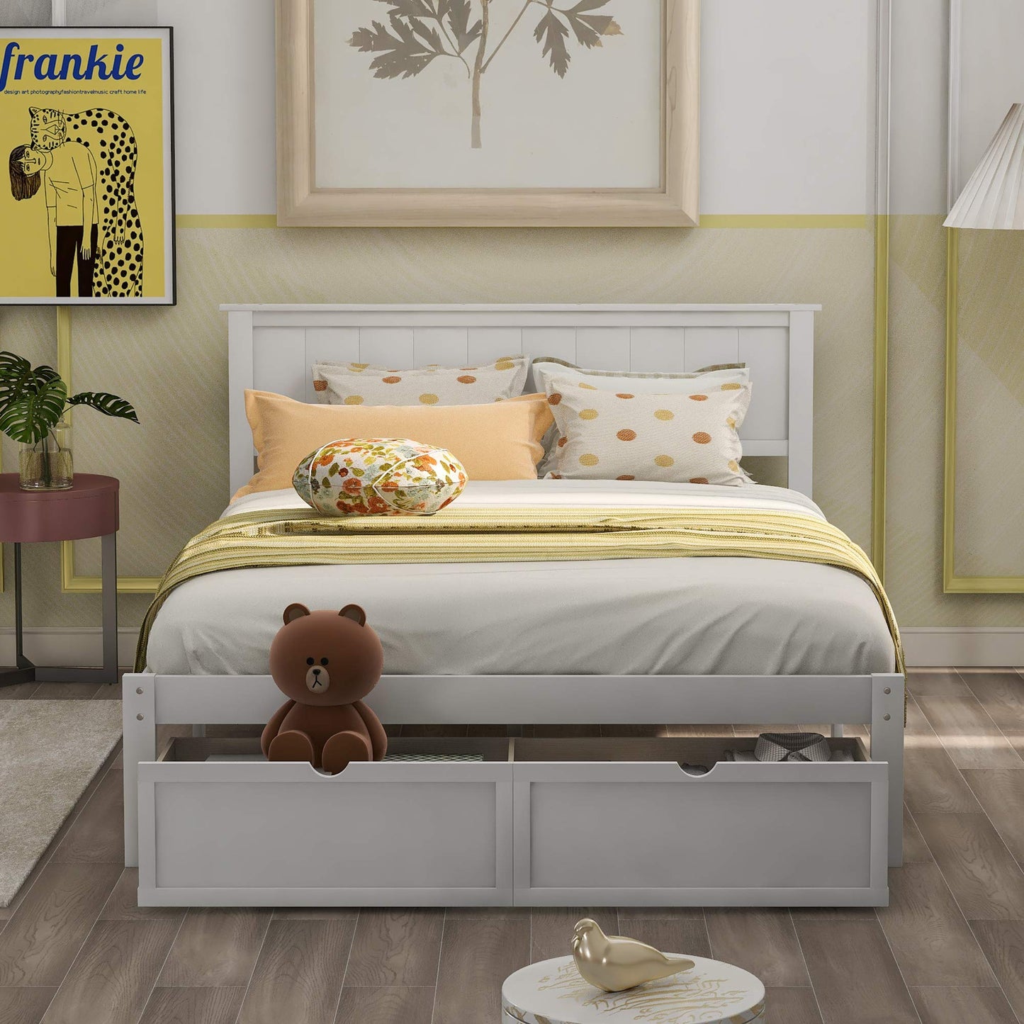 GDFStudio Full Size Platform Bed with Under-Bed Drawers, Solid Pine Wood and MDF Bed Frame, Storage Platform Bed with Support Legs, No Box Spring Needed, White