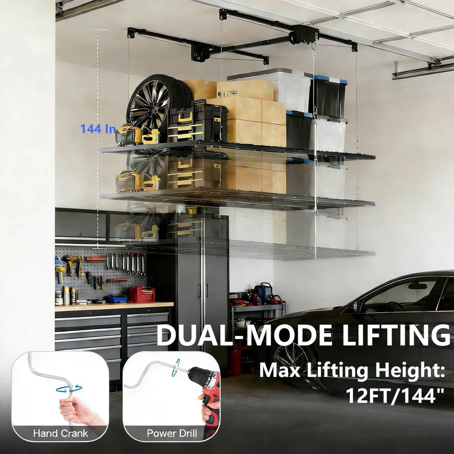 ExploreHorizon 4x8 FT Overhead Garage Lifting Storage Rack, 800 lbs Capacity & 12FT Lifting, Heavy-Duty Metal Garage Ceiling Rack, Dual Mode Lifting, Adjustable Storage System with Safety Lock