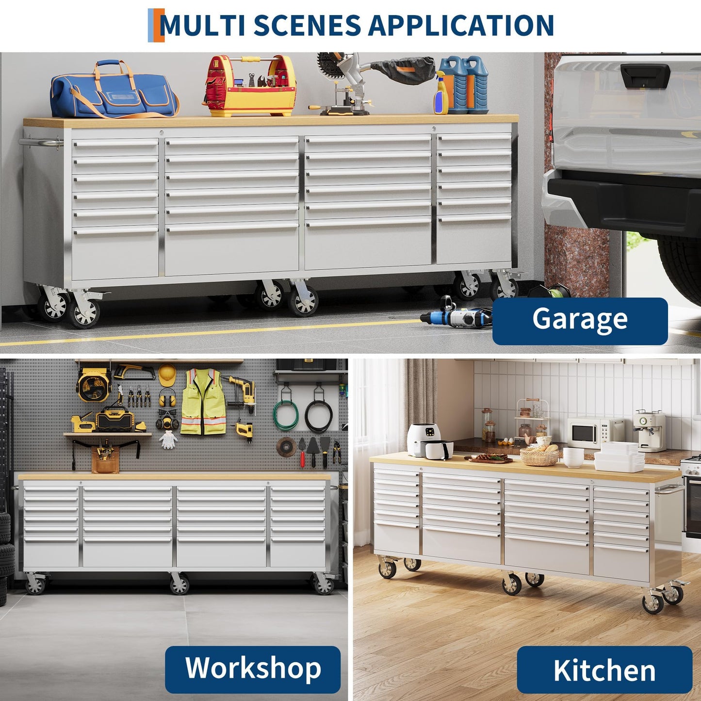 Heavy Duty 61" Tool Chest Cabinet, Mobile Garage Workbench with 24Drawers and Power Strip, Rubber Wood Worktop, 1675 LBS Load, Rolling Tool Storage Organizer for Mechanic, Shop or Home Use