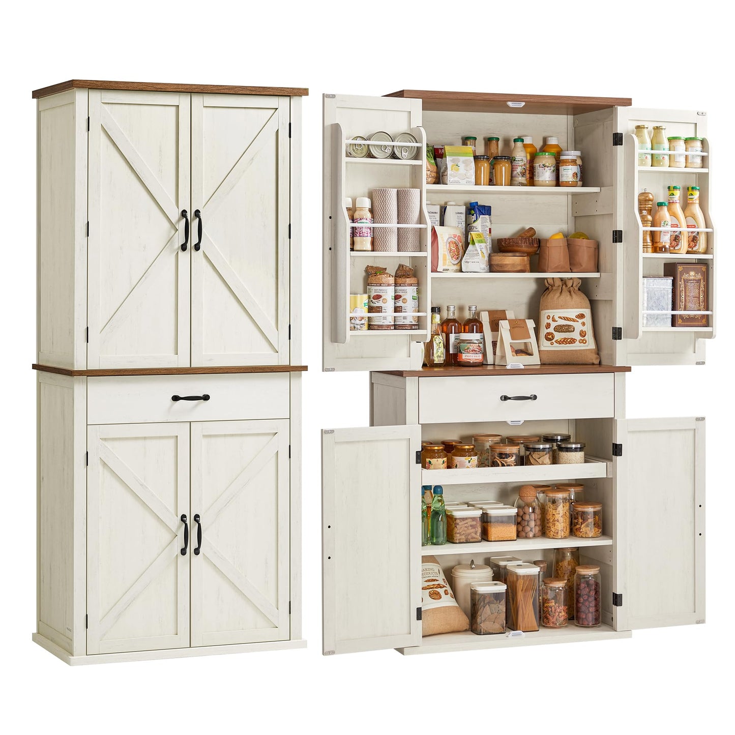 VASAGLE LIRY Collection - Pantry Cabinet, 70.3-Inch Tall Farmhouse Kitchen Storage Cabinet with Barn Doors, Drawer, Tray, Adjustable Shelves, for Kitchen, Dining Room, Rustic White UBBK364WJ01S