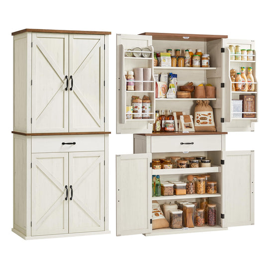 VASAGLE LIRY Collection - Pantry Cabinet, 70.3-Inch Tall Farmhouse Kitchen Storage Cabinet with Barn Doors, Drawer, Tray, Adjustable Shelves, for Kitchen, Dining Room, Rustic White UBBK364WJ01S