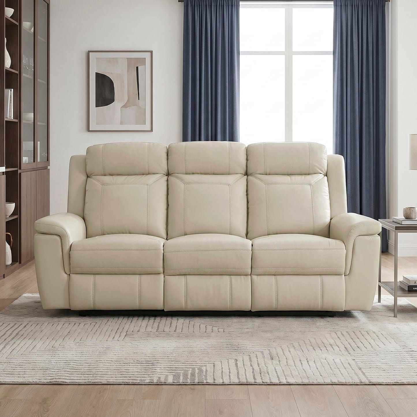 Lexicon Top Grain Leather Match Manual Reclining Sofa, Wall Hugger Reclining Sofa, Overstuffed Armrest, for Living Room/Theater Seating/Apartment, Easy Assembly, Beige