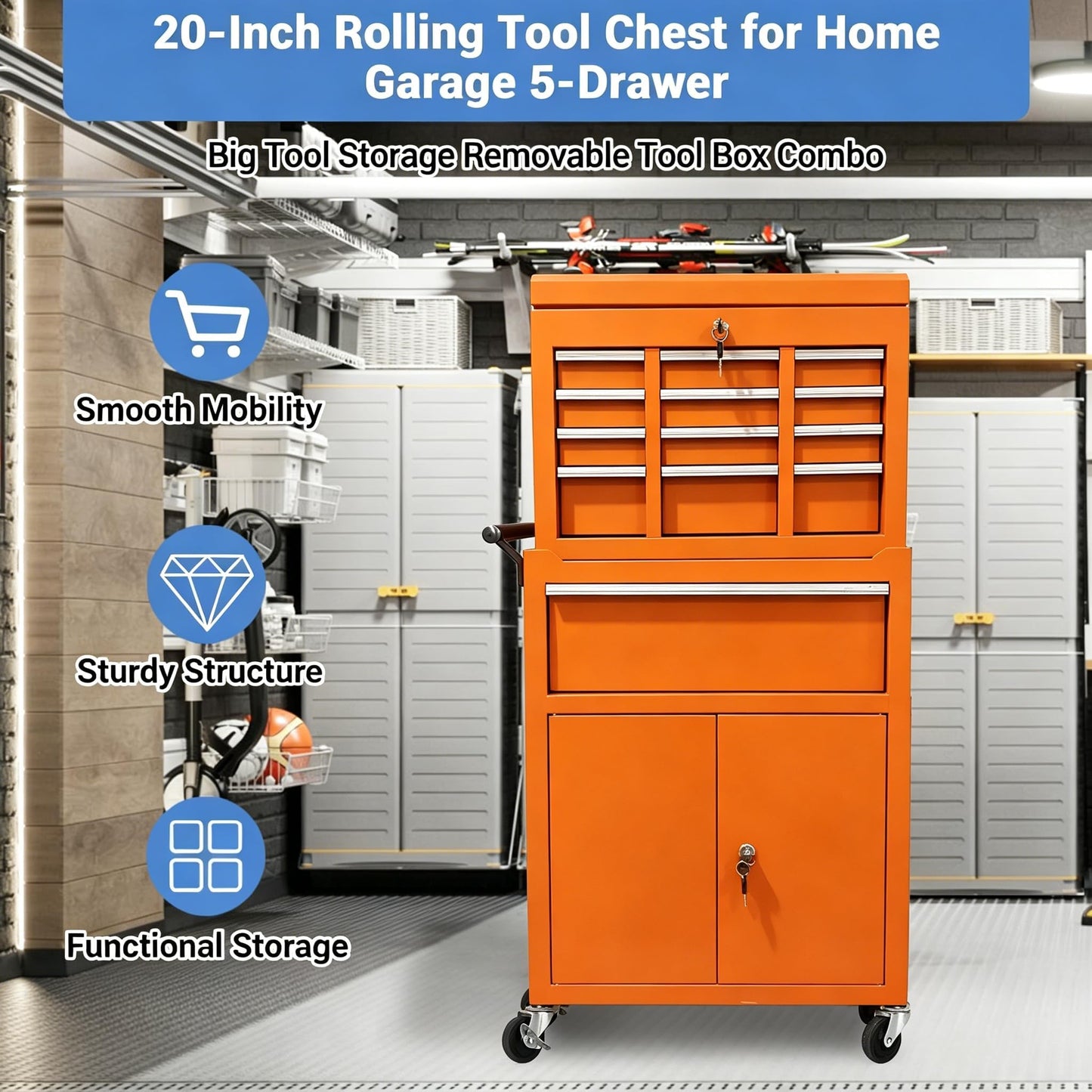 SierraSquad Heavy Duty 5-Drawer Rolling Tool Chest, 2-in-1 Detachable Top Tool Box, Locking Steel Storage Cabinet Cart on Wheels, Orange