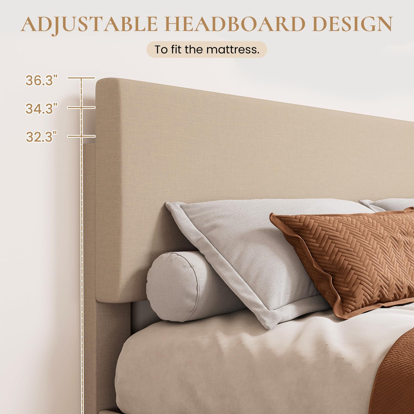 SHA CERLIN Linen Upholstered King Size Bed Frame with Headboard, Beige