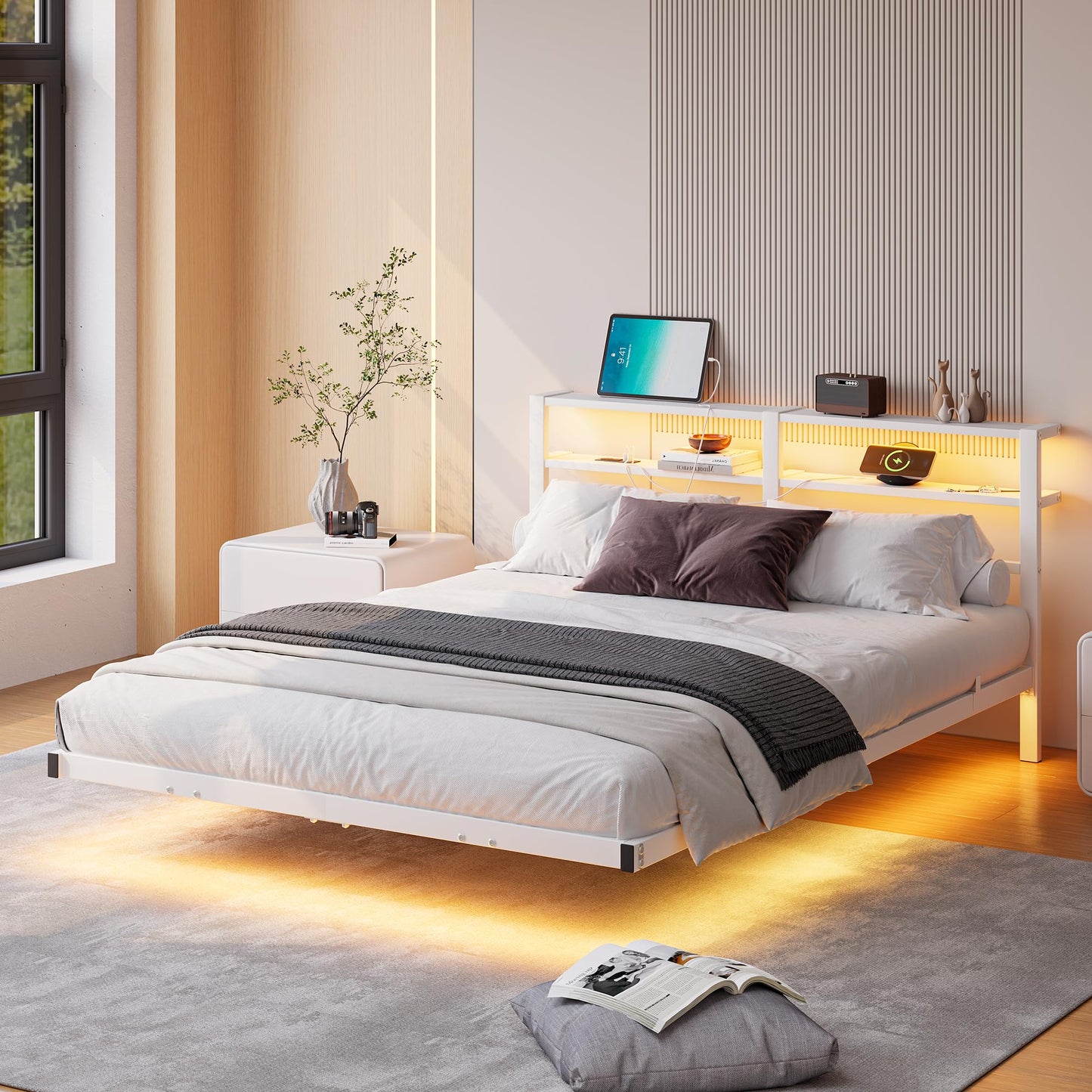 HAHRIR Floating Queen Bed Frame with LED Lights & USB Charging Station, Metal Platform Bed with Two Storage Shelves, Heavy Duty Noise-Free Slats,White