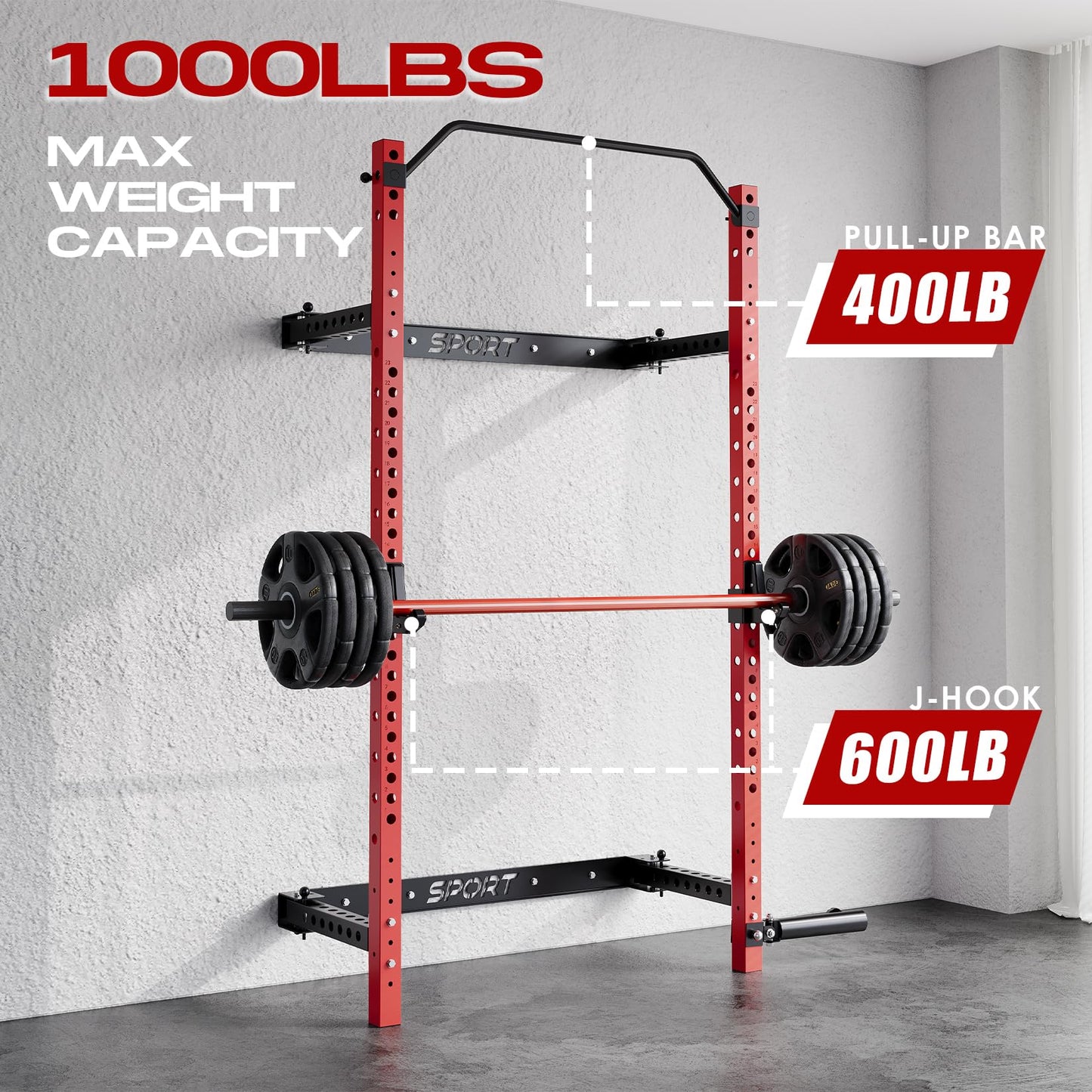Garvee Folding Squat Rack for Home Gym, 2.36 in x 2.36 in Wall Mounted Foldable Squat Rack with Pull Up Bar, J Hooks and Landmine Attachments, 1000 LBS Capacity Space Saving Weight Power Cage