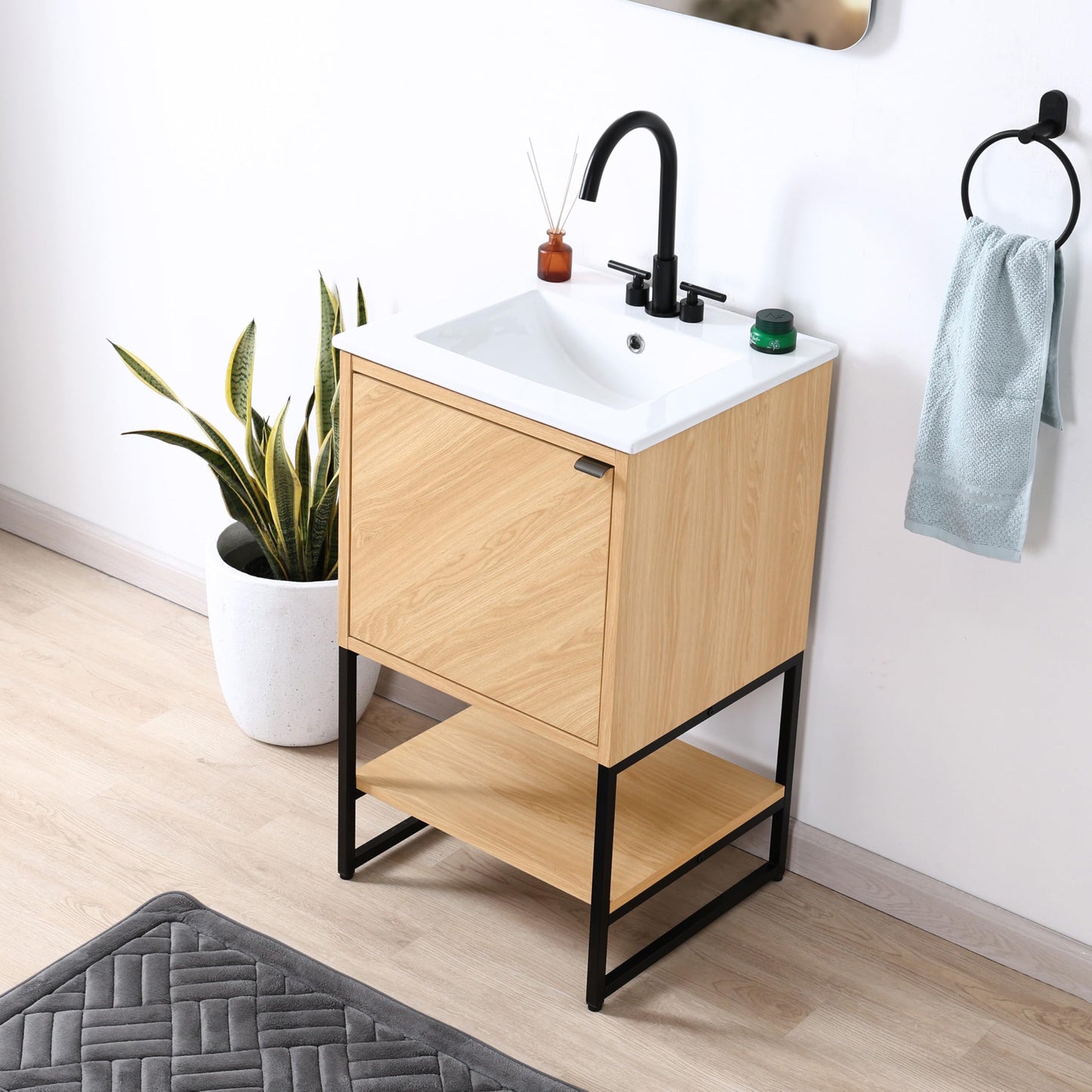 JONATHAN Y Juhl 20 in. W x 18 in. D x 33 in. H Modern Bathroom Vanity Cabinet with Chevron-Front and Soft-Close Door, Oak Freestanding Storage (Sink Basin Not Included) VAN1012A