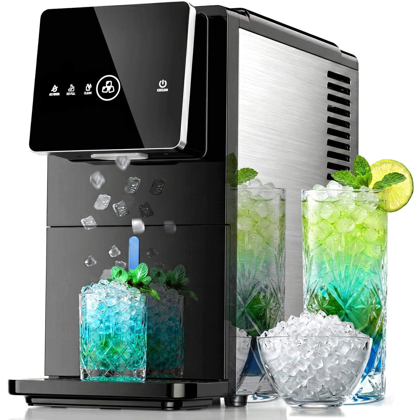 Kismile Nugget Ice Maker Countertop, 33LBS/24H Ice Machine with Soft Chewable Ice, One-Click, Self-Cleaning Function, Stainless Steel Ice Maker with Indicator Lights for Home/Kitchen(Black)