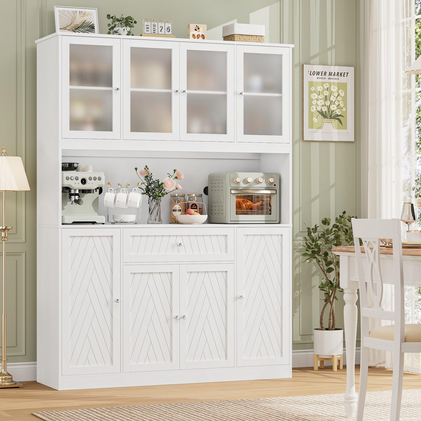 BOTLOG 72" Tall Kitchen Pantry Cabinet, 55.1" Wide Large Kitchen Hutch with Microwave Countertop, Coffee Bar Station with Drawer & Doors, White Freestanding Buffet Cupboard for Dining Room