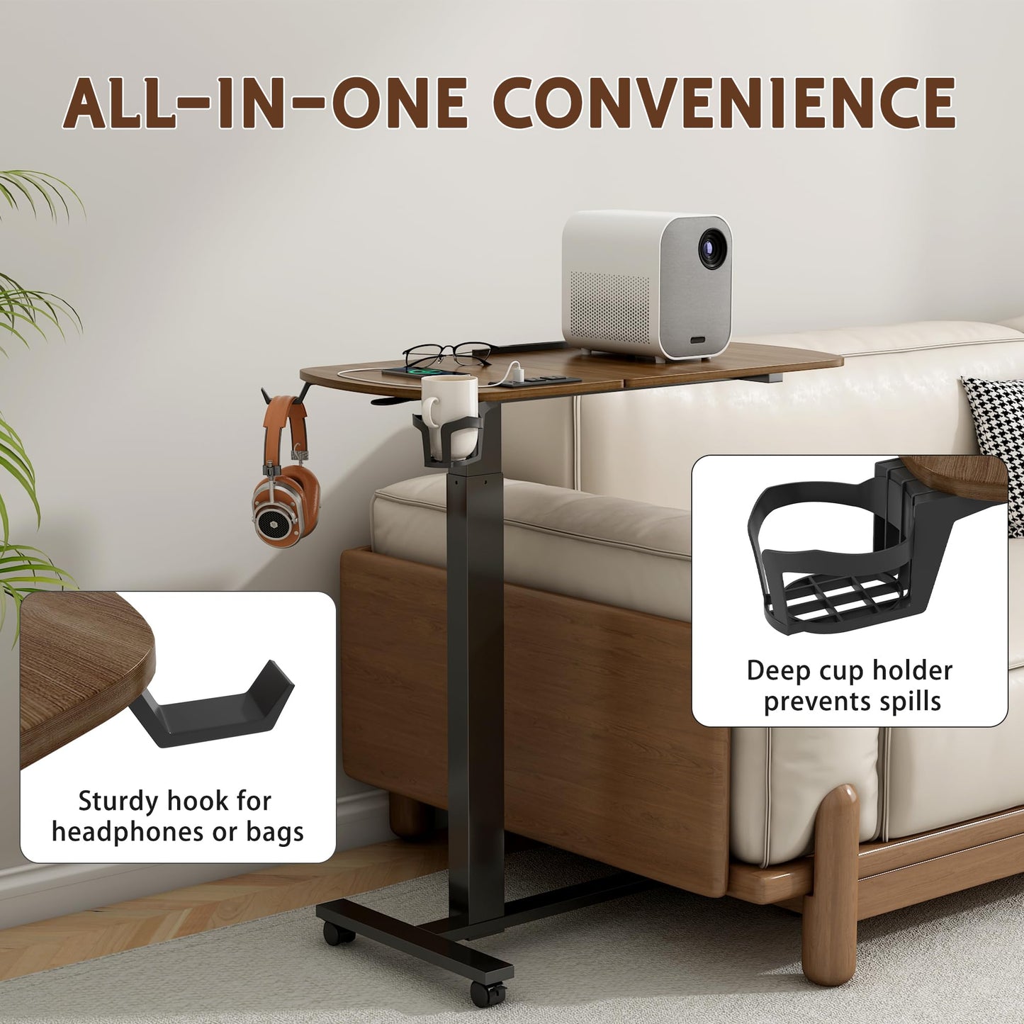 6 In 1 Overbed Table, 32'' Long Hospital Bed Table, Bedside Table (Walnut)