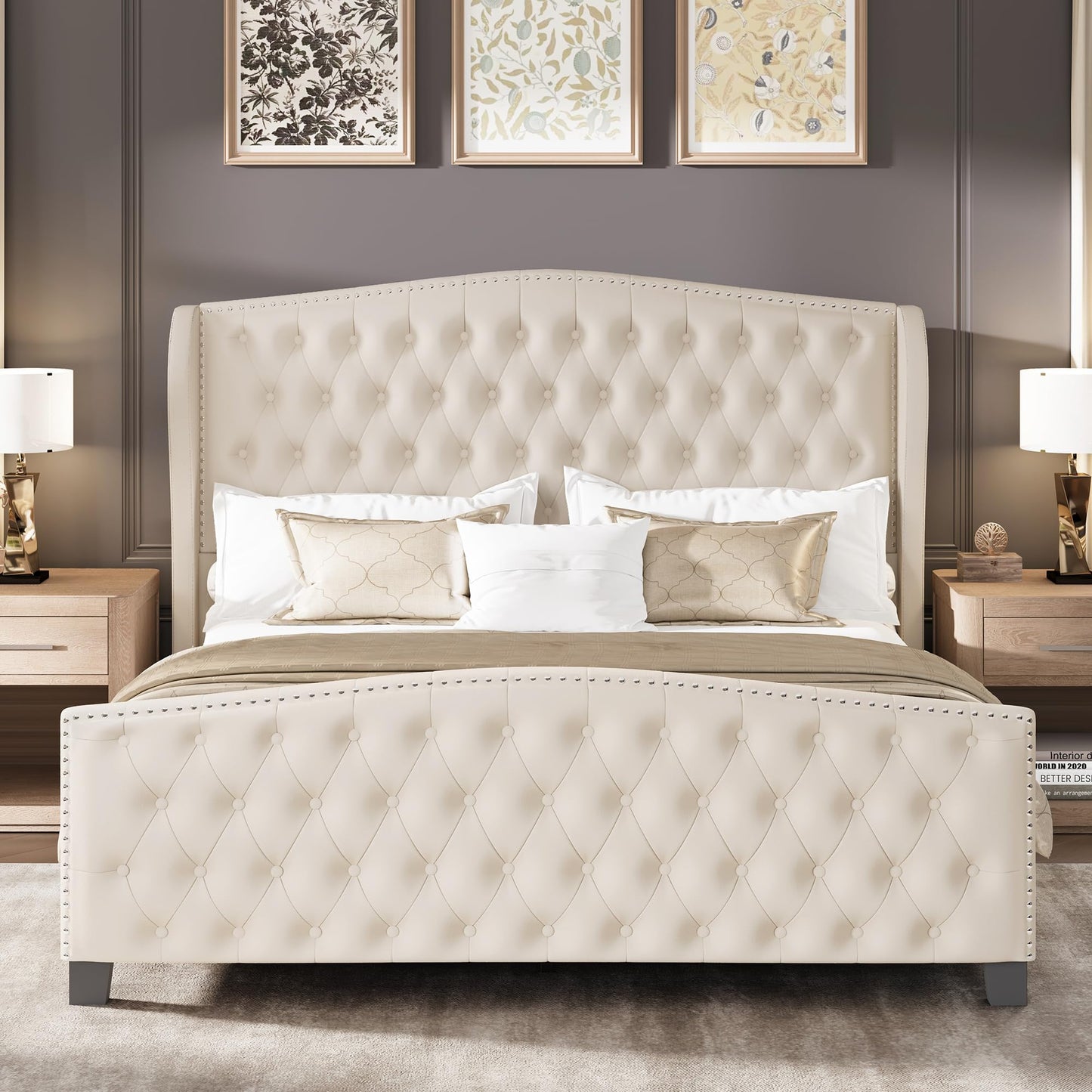 LARMACE King Size Bed Frame Velvet Upholstered Platform Bed with Wingback Headboard & Footbaord, Deep Button Tufted Bed Frame with Wood Slats Support, No Box Spring Needed, Beige