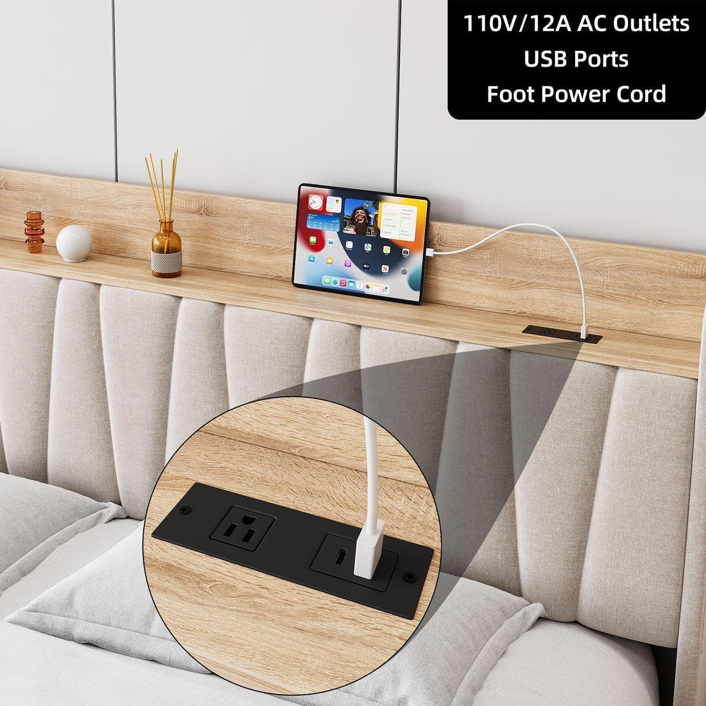 IDEALHOUSE Upholstered Bed Frame with Storage Headboard and Charging Station, Platform Bed Frame with Drawers, Heavy Duty, No Box Spring Needed, Easy Assembly, Beige, Queen Size