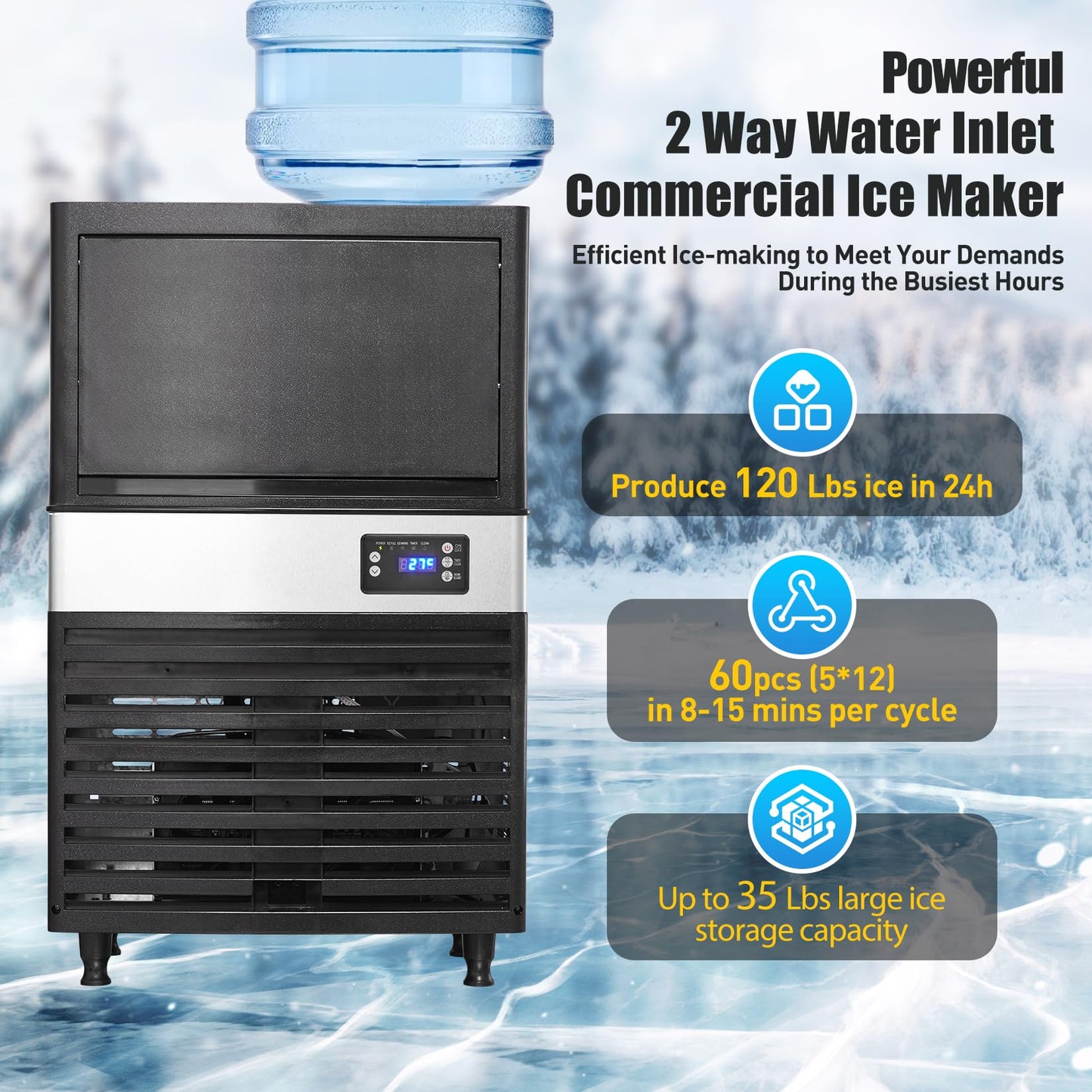Commercial Ice Maker Machine 150Lbs/24H, 35Lbs Storage Bin, 6x13Pcs Clear Ice Cubes, Freestanding Stainless Steel Ice Making Machine with Blue Light for Restaurant, Home, Bars, Coffee Shop