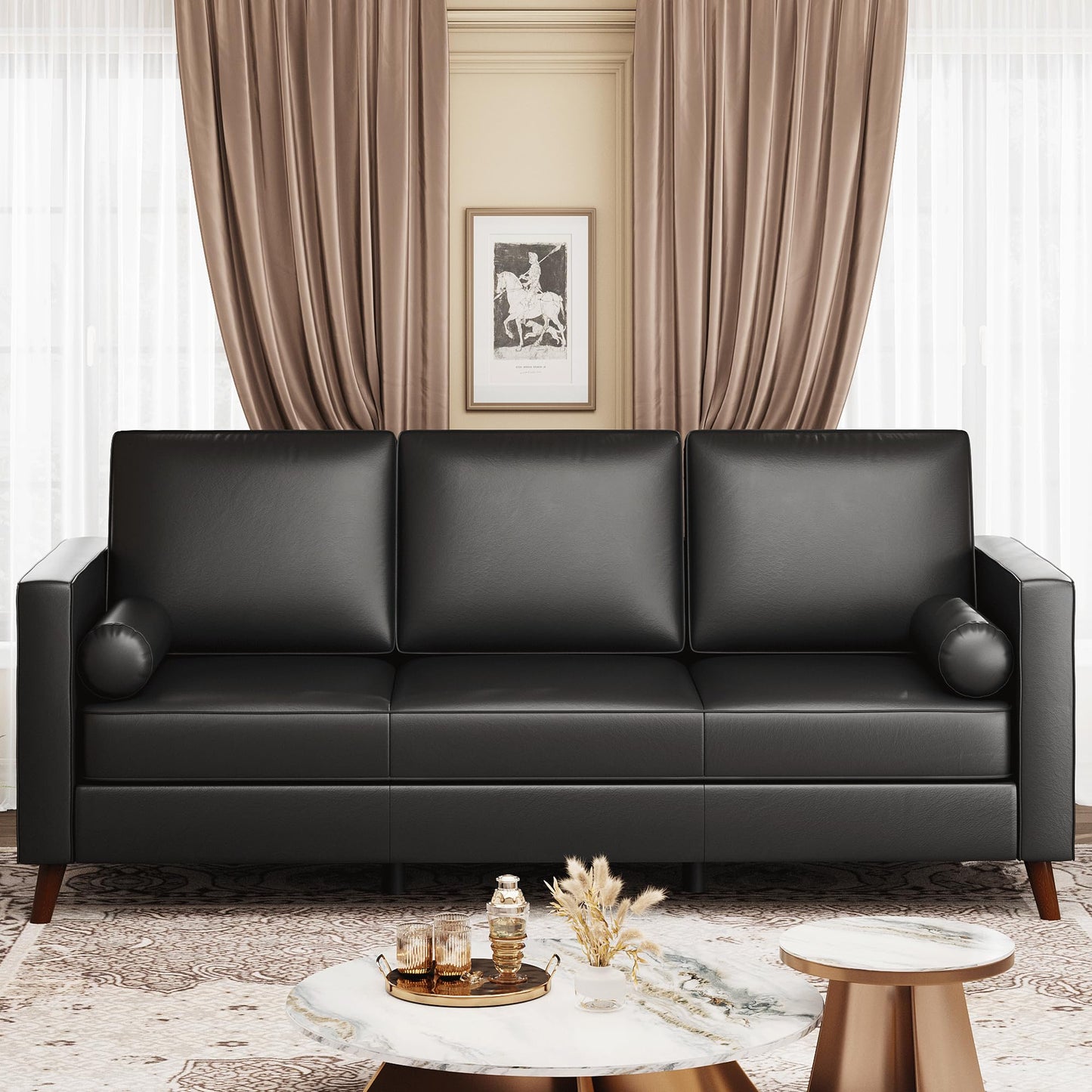 GAOMON 86" Leather Sofa, Mid-Century Modern Couch, Faux Leather Couch with Deep Seats, 3-Seat Sofa for Living Room, Office, Black