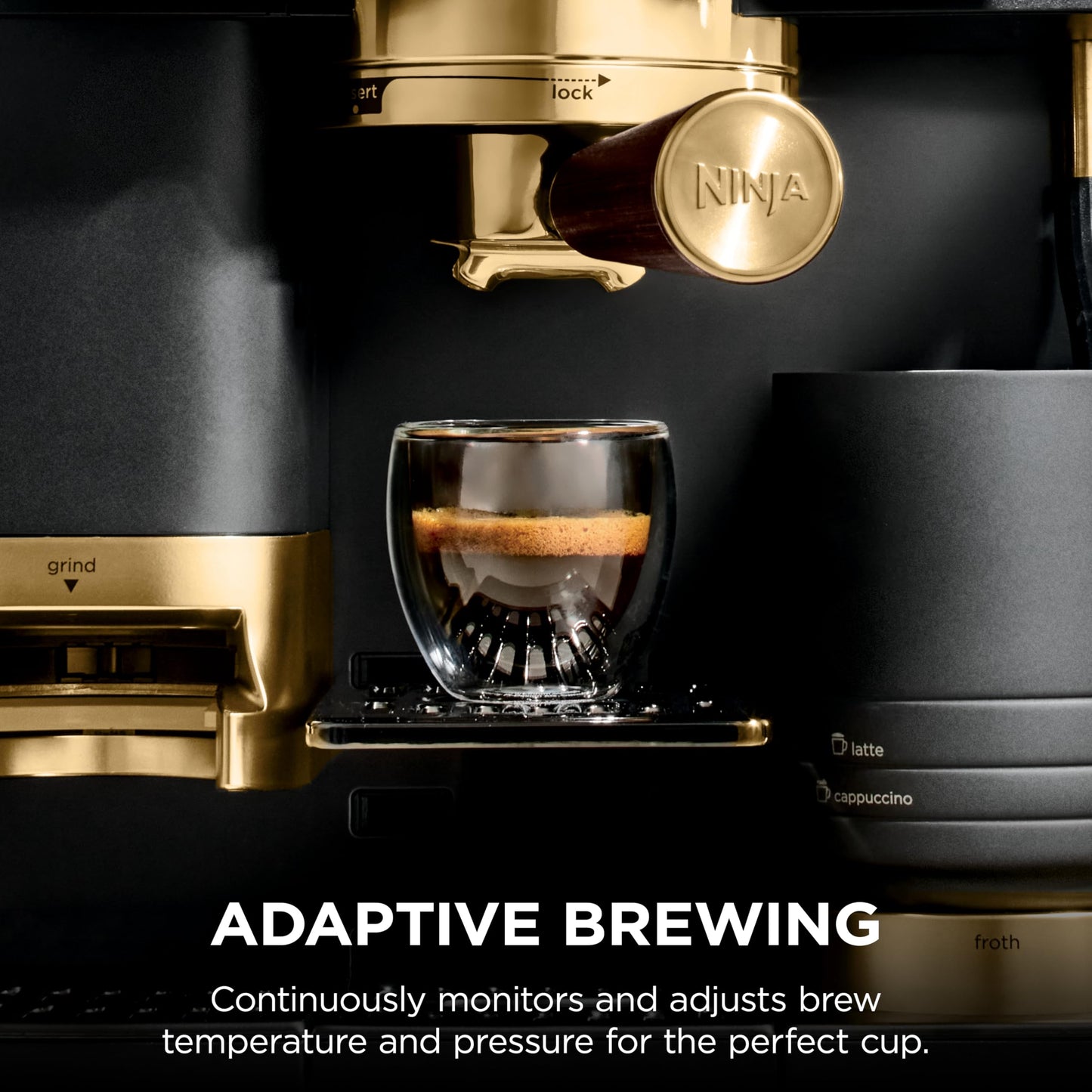 Ninja Luxe™ Café Pro designed by David Beckham, Espresso Machine, Drip Coffee, Cold Brew, Hot Water, Integrated Tamper, Built-in Grinder, Hands-Free Frother for Lattes & More, Black/Gold, ES771BK