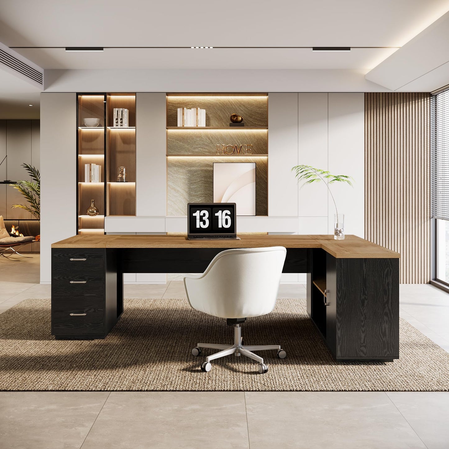 Tribesigns 85.8-Inch L-Shaped Executive Office Desk with File Drawers & Storage Cabinet, Professional Corner Computer Desk Extra Large Business Workstation with Adjustable Shelves (Light Brown&Black)