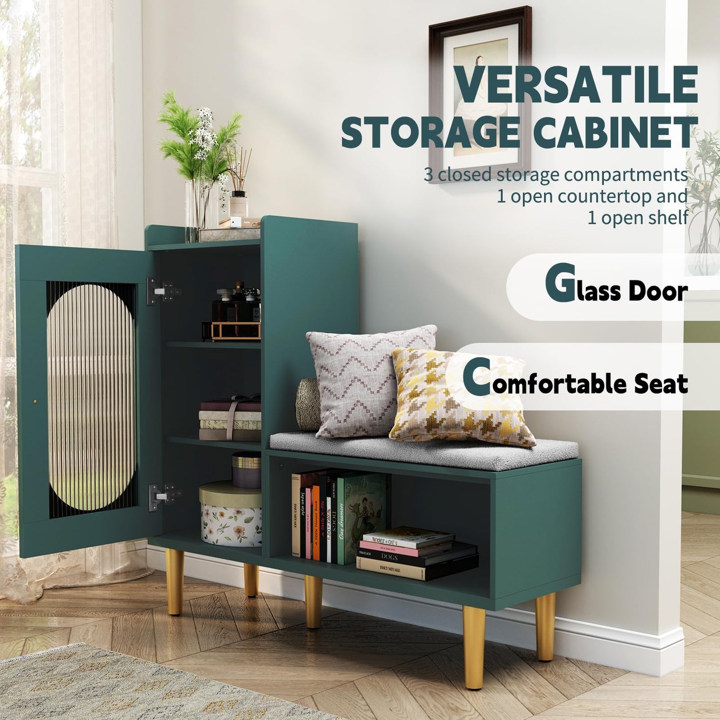 HLR Storage Bench Set of 2, Green Modern Entryway Shoe Cabinet Bench with Glass Door&Shelf, L-Shaped Storage Cabinet with Padded Seat for Hallway, Bedroom, Living Room, Office